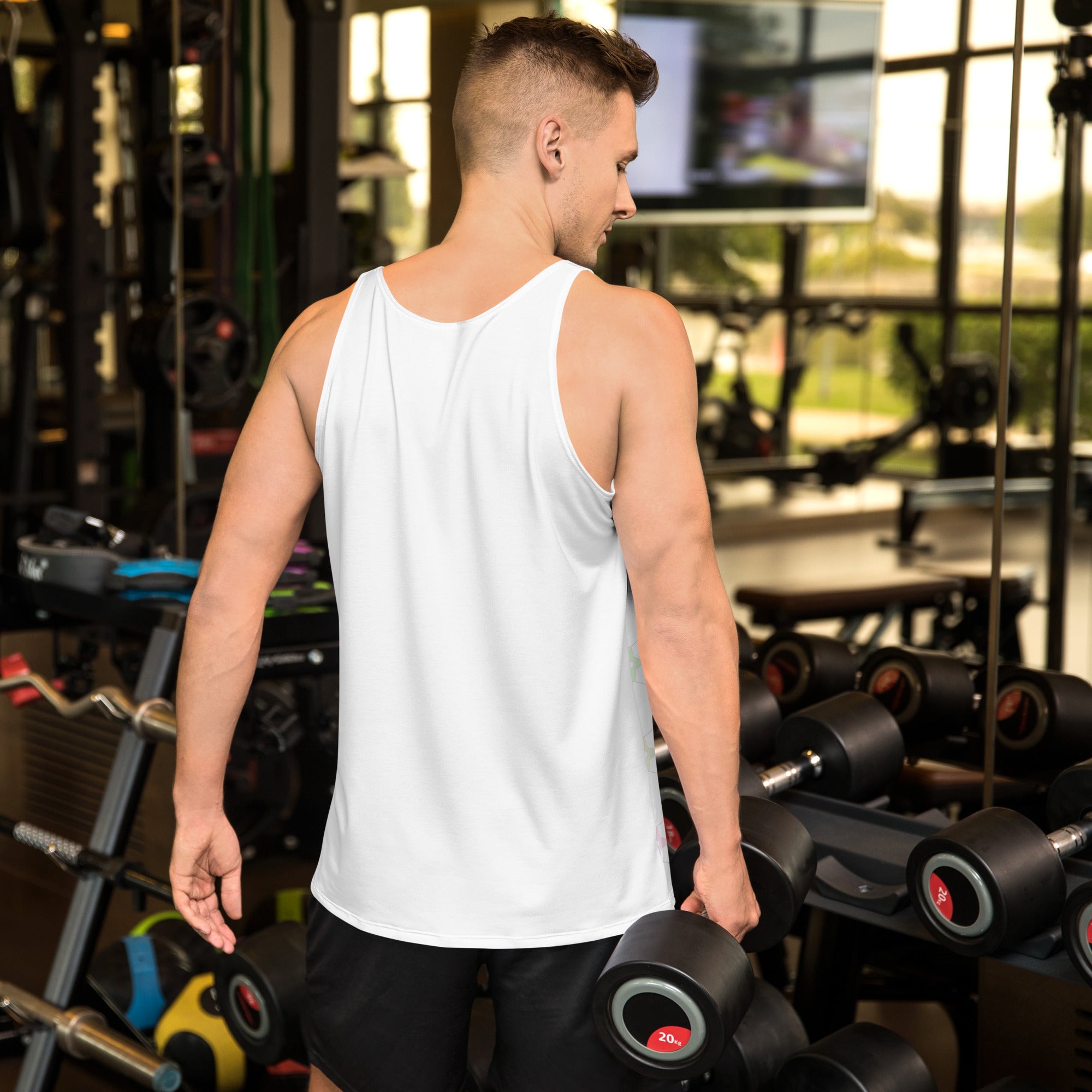 Detailed view of Digital Circuit pattern on men's tank top