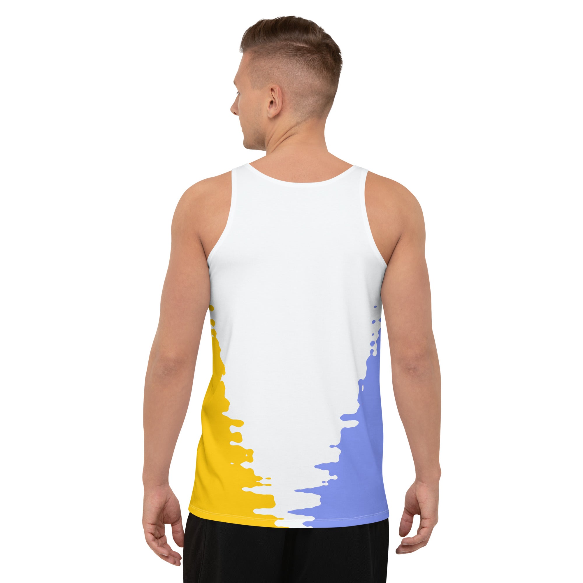 Vinyasa Stream Men's Tank Top side view on a hanger.

