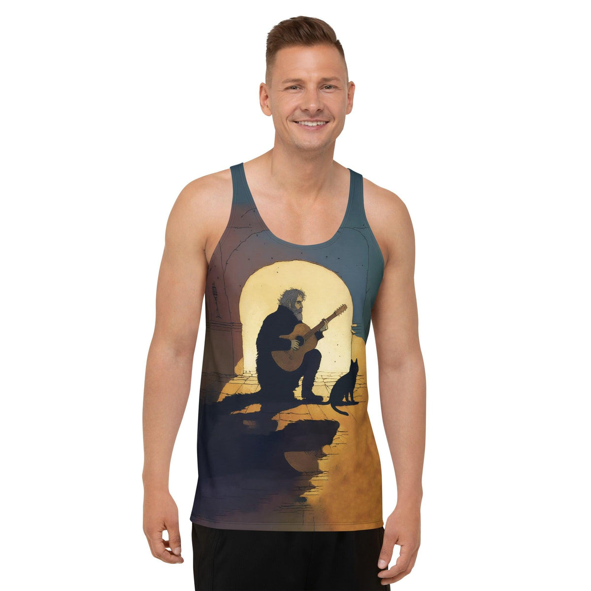 Innovative SurArt 72 Men's Tank Top with artistic surf design for a unique wardrobe addition.