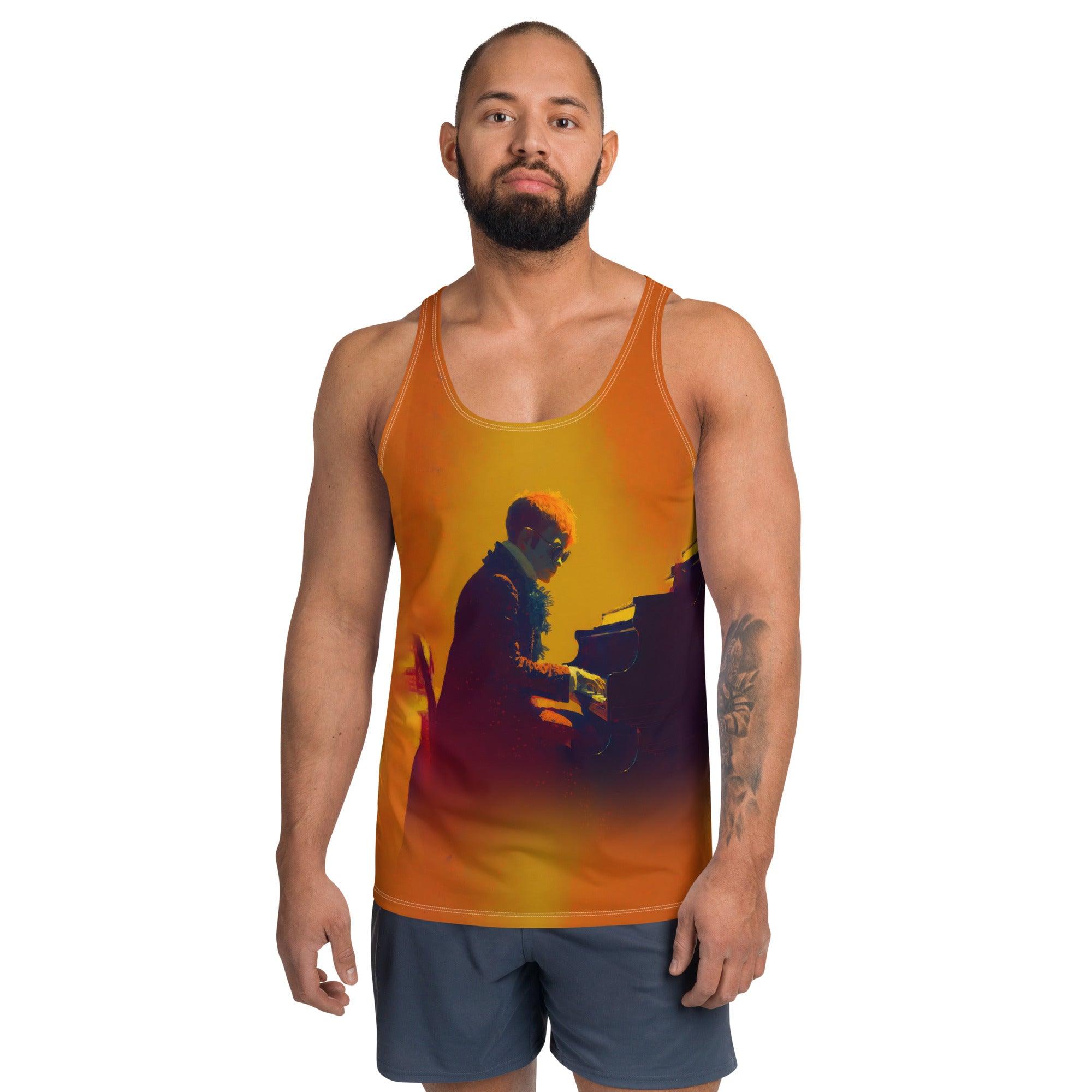 Innovative SurArt 93 Men's Tank Top featuring eclectic art for a unique beach look.