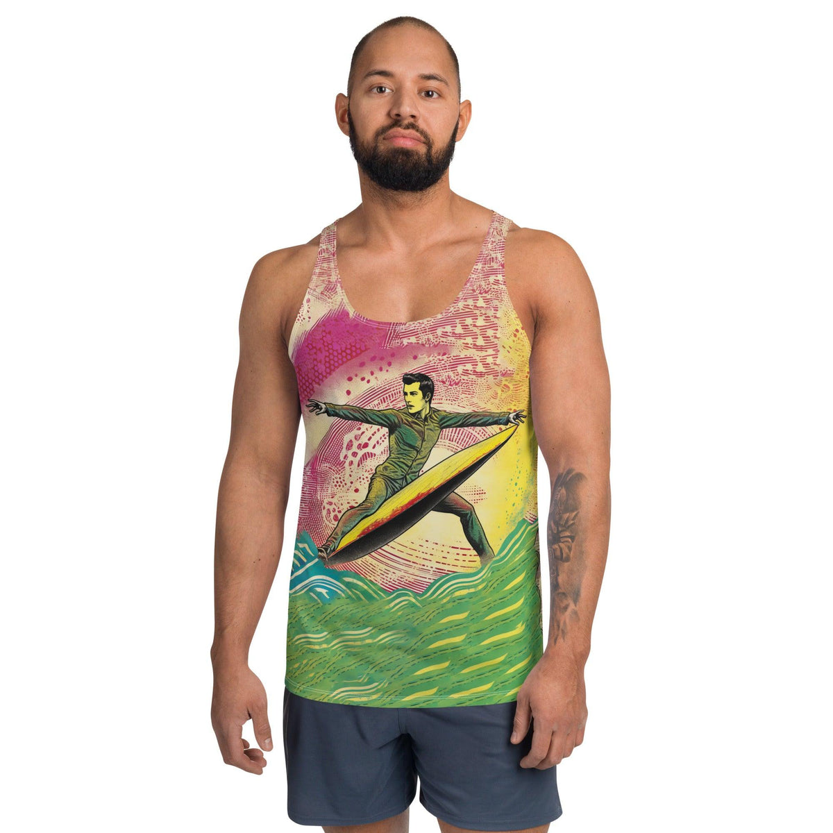 Vibrant SurArt 1 09 Men's Tank Top showcasing unique surf and art fusion design for a standout look.