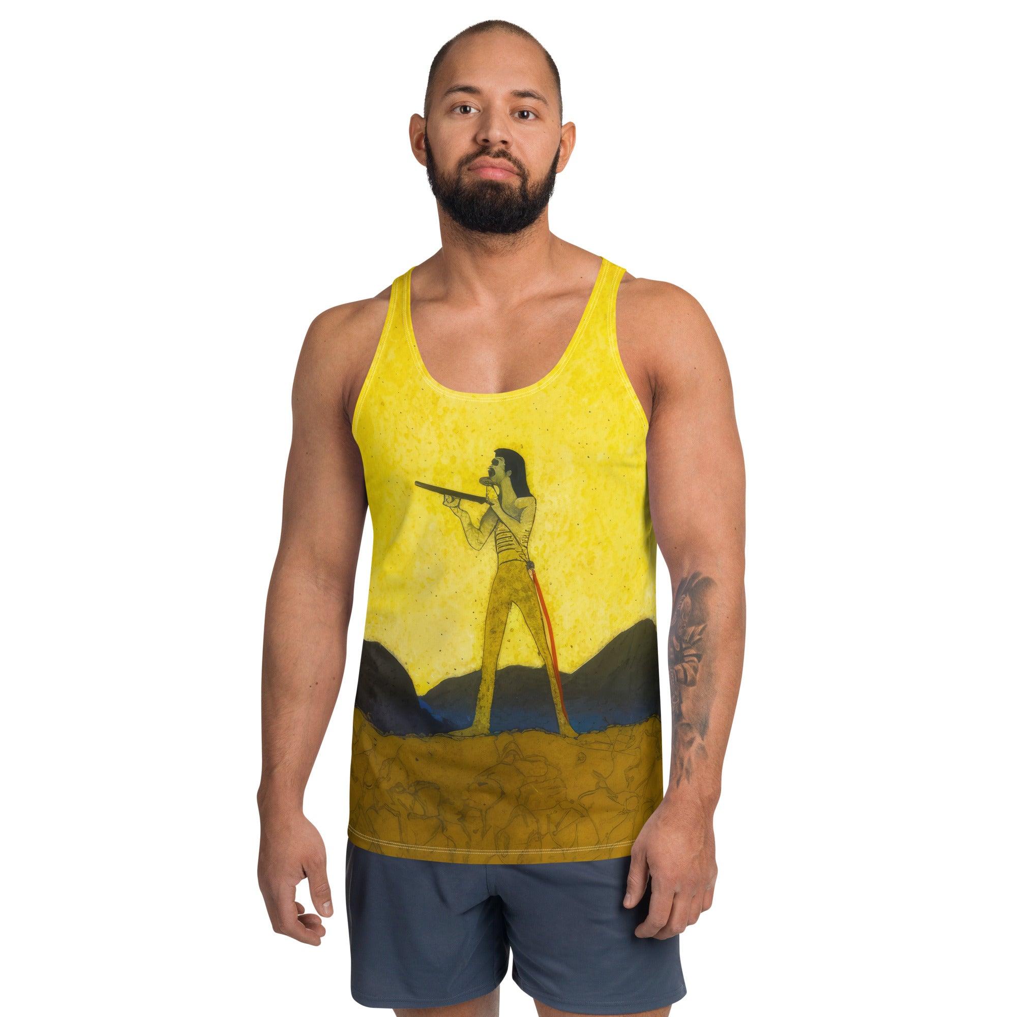 Innovative SurArt 105 Men's Tank Top featuring bold surf art for an unparalleled look.