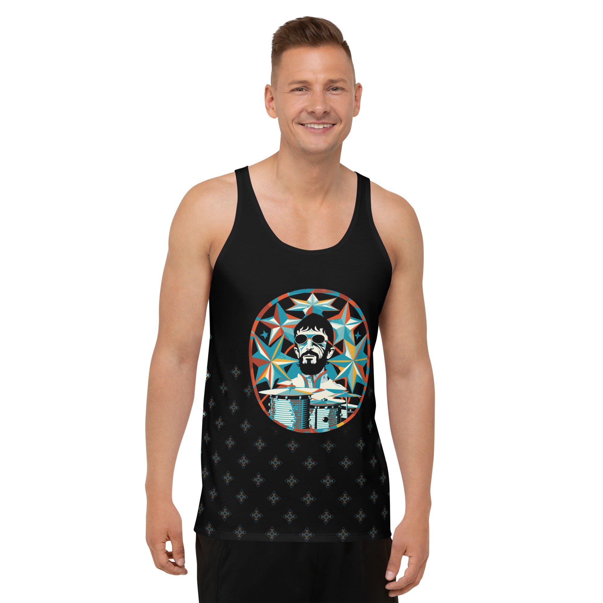 Vibrant Vibes colorful pattern men's tank top on model