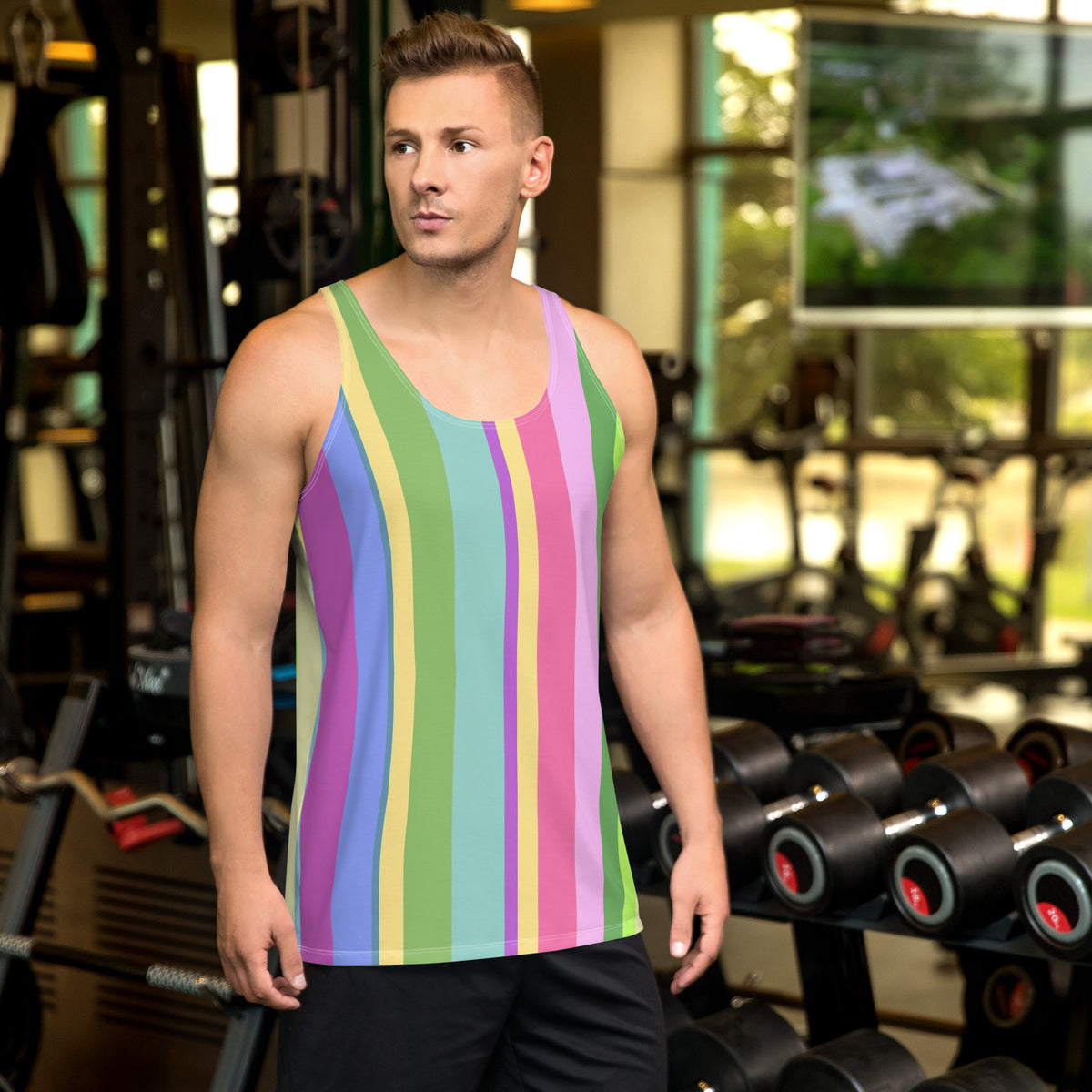 Urban Spectrum men's tank top in vibrant colors on display.