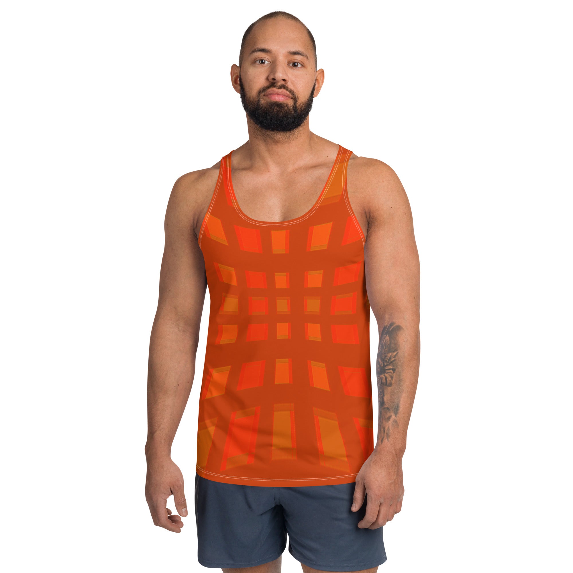 Model wearing Coastal Breeze Men's Tank Top at a seaside setting, exuding casual summer style.