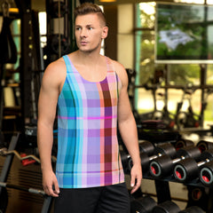 Dazzling Prism Burst Men's Tank Top, featuring an explosion of colors for a vibrant summer look.