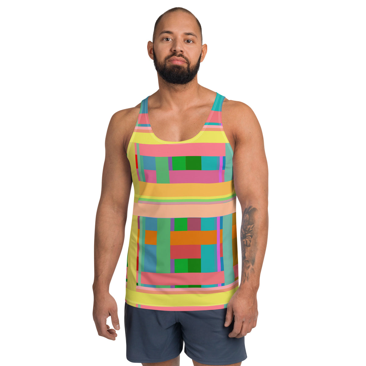 Eye-catching men's tank top with neon fusion design, perfect for festivals, beach days, or casual wear.