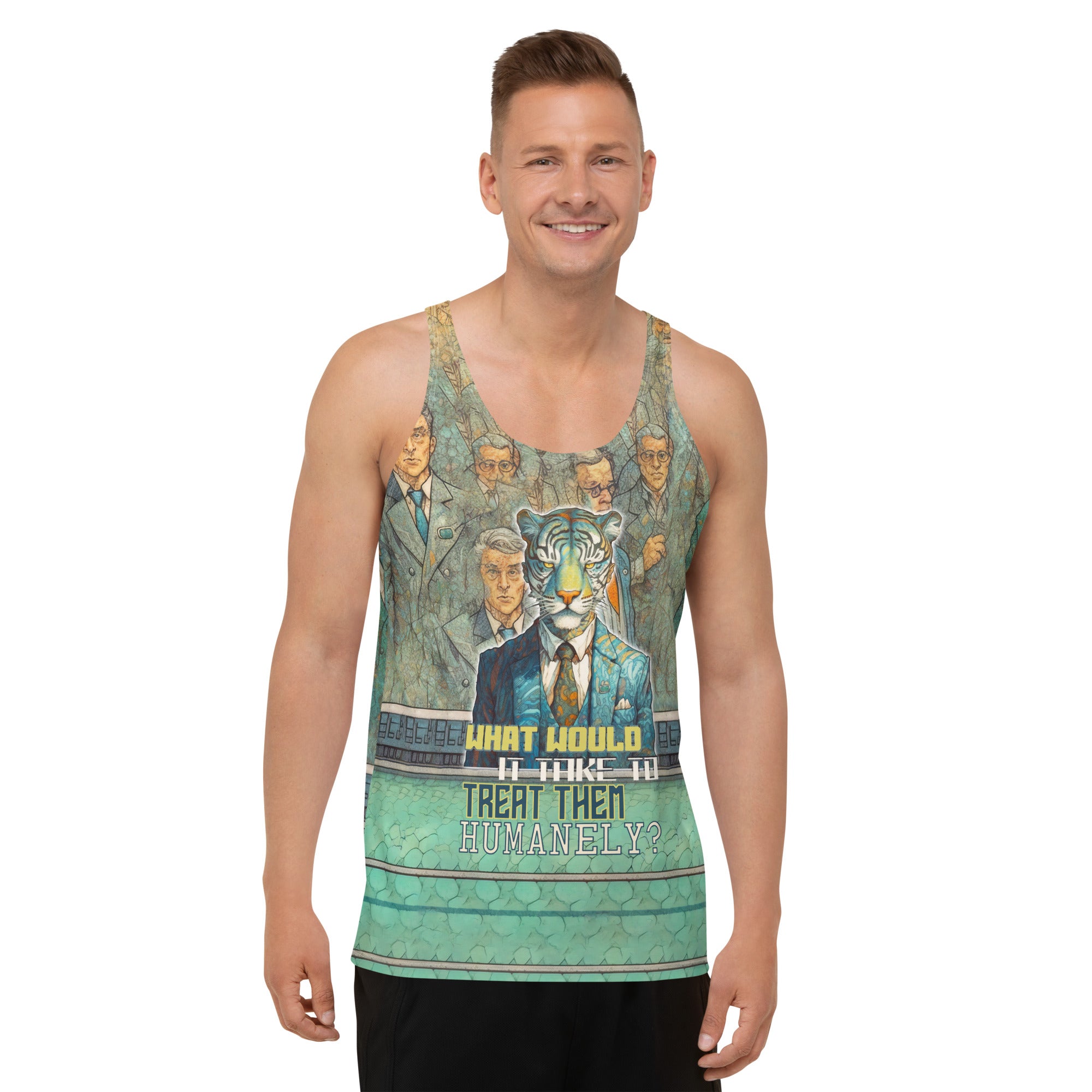 Men's Tank Top with Wise Owl print modeled outdoors