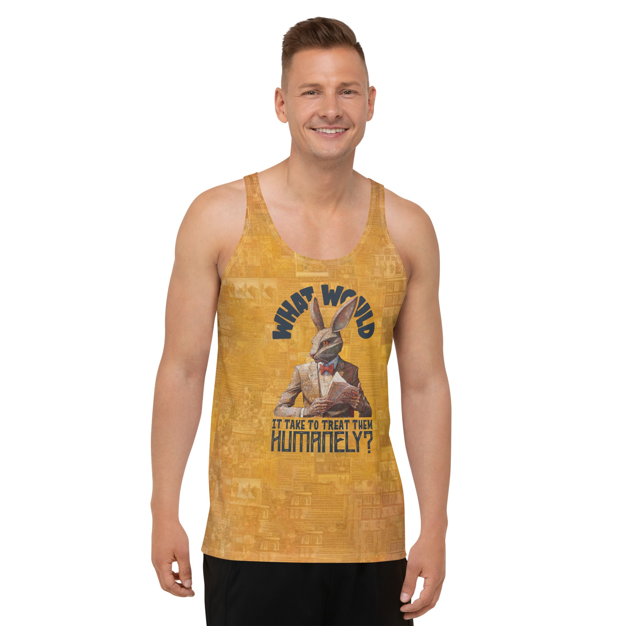 Ferocious tiger design on men's tank top - front view.