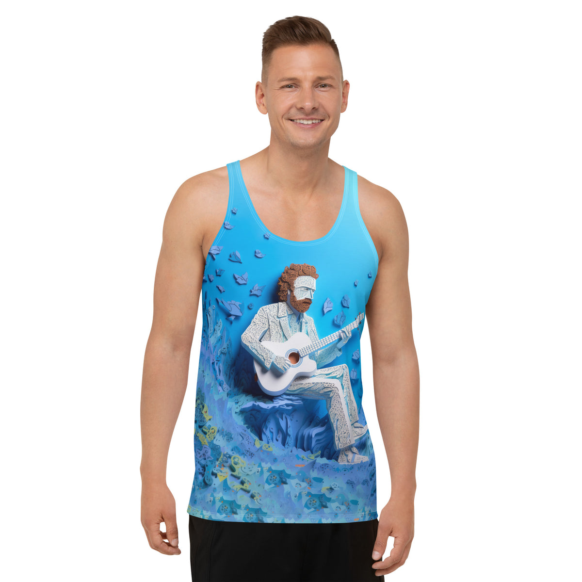 Men wearing Blossom Breeze tank top in a summer setting