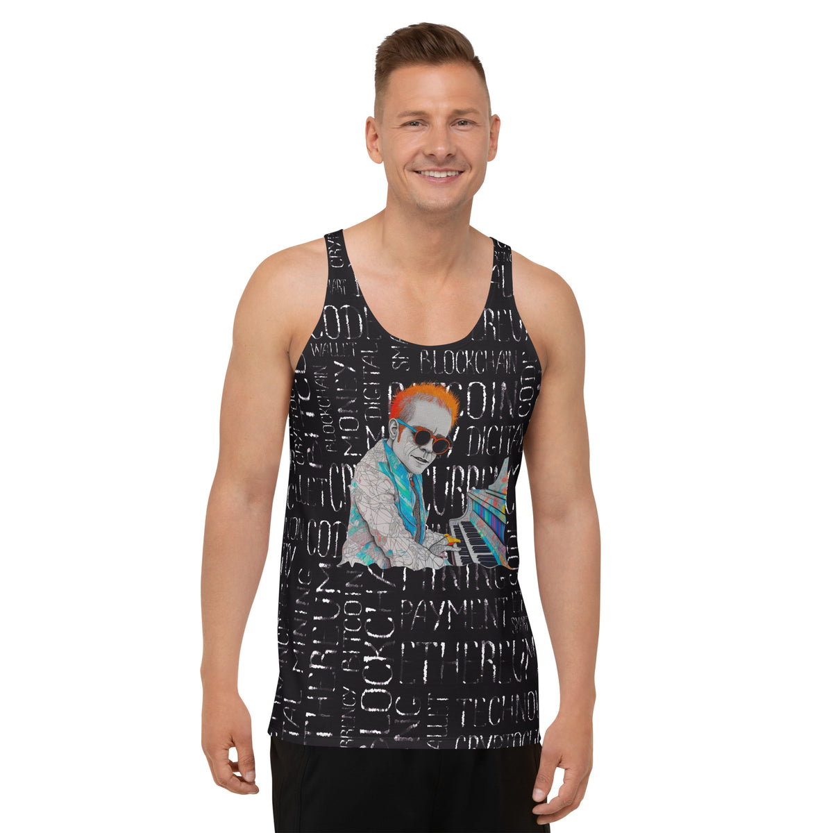 Vibrant street art design on men's tank top, showcasing urban flair.