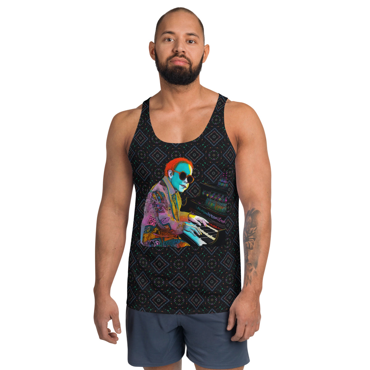 Man wearing Doodle Fusion tank top with intricate design.