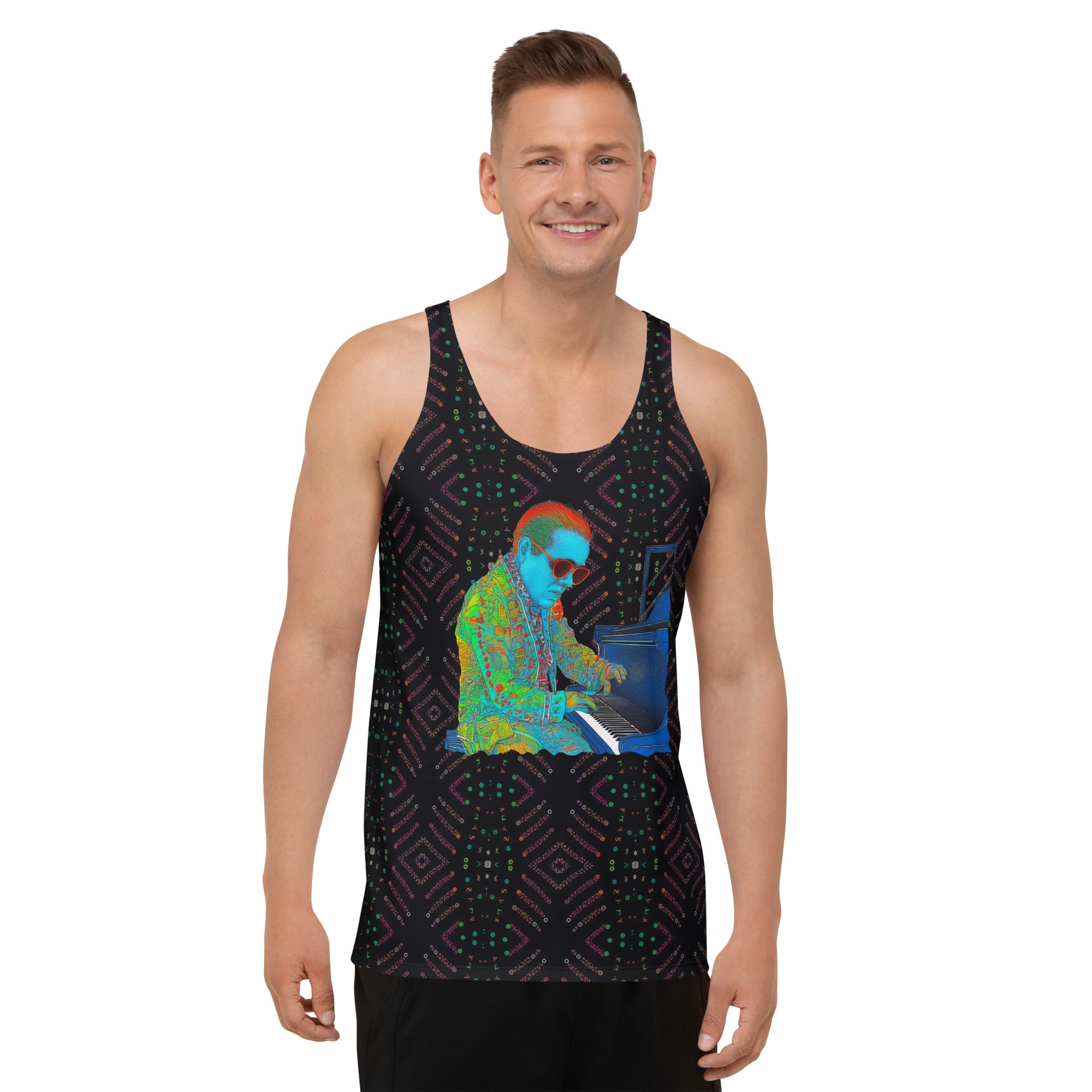 Vibrant sketch pattern on men's tank top in bright colors.