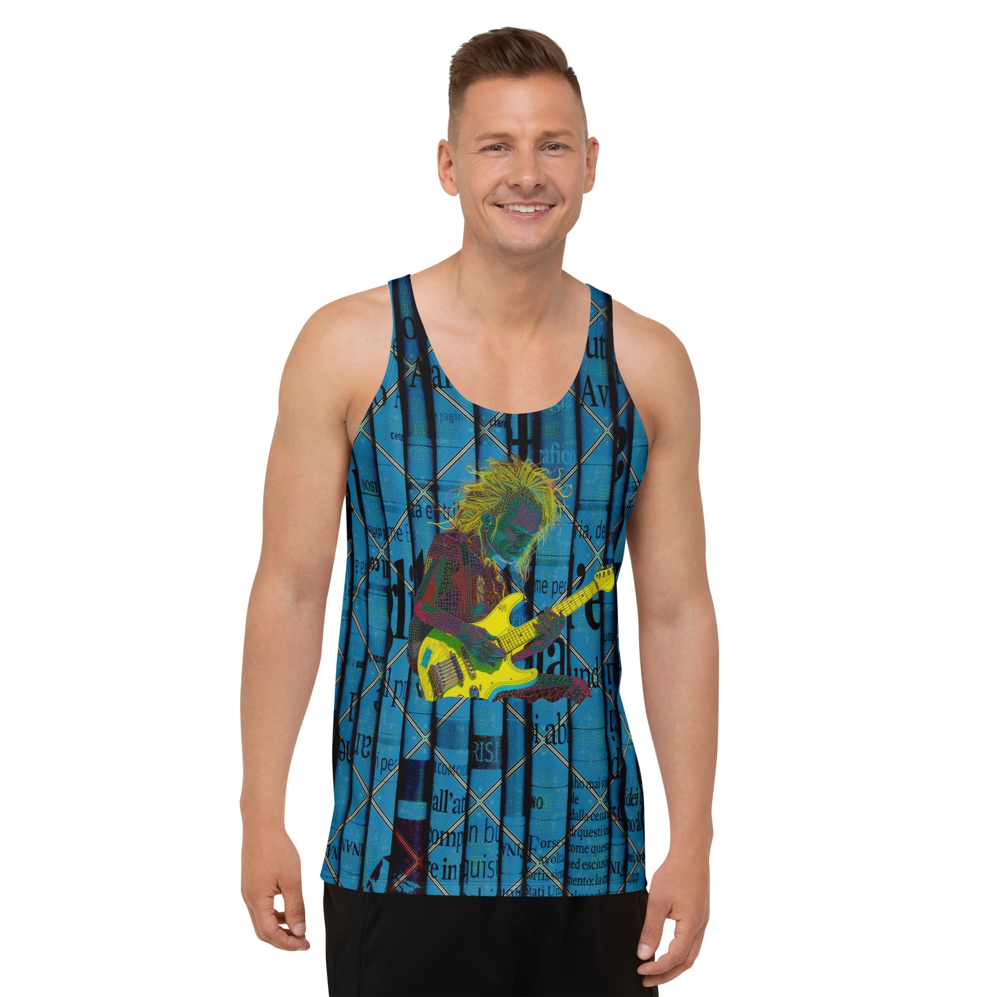 Neon graffiti art design on men's tank top in vibrant colors.