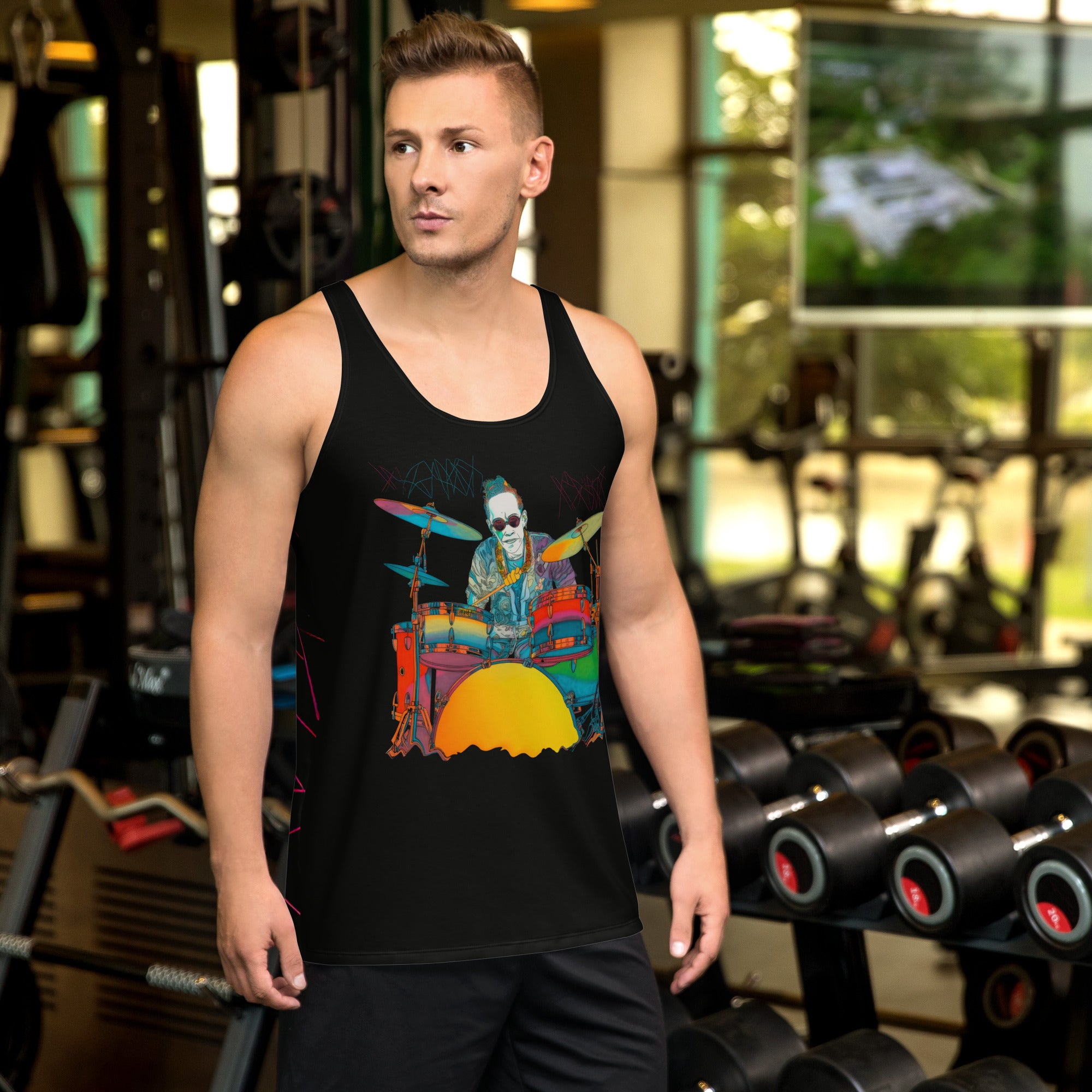 Blossom Breeze Men's Tank Top on a clothing mannequin.