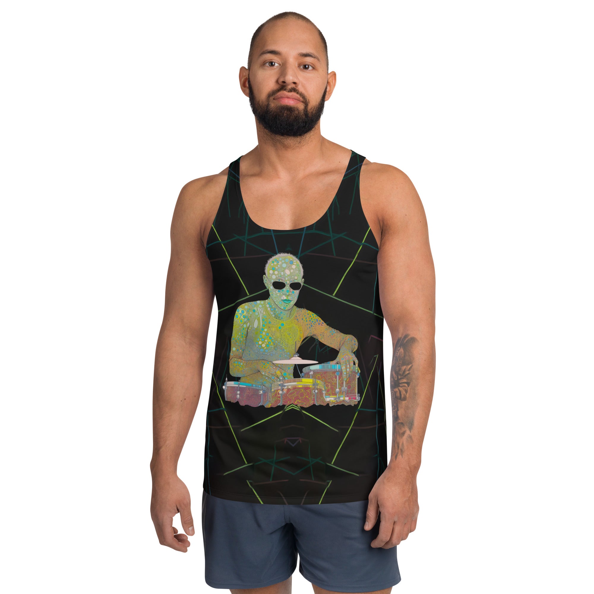 Flower Power Men's Tank Top on a clothing mannequin.