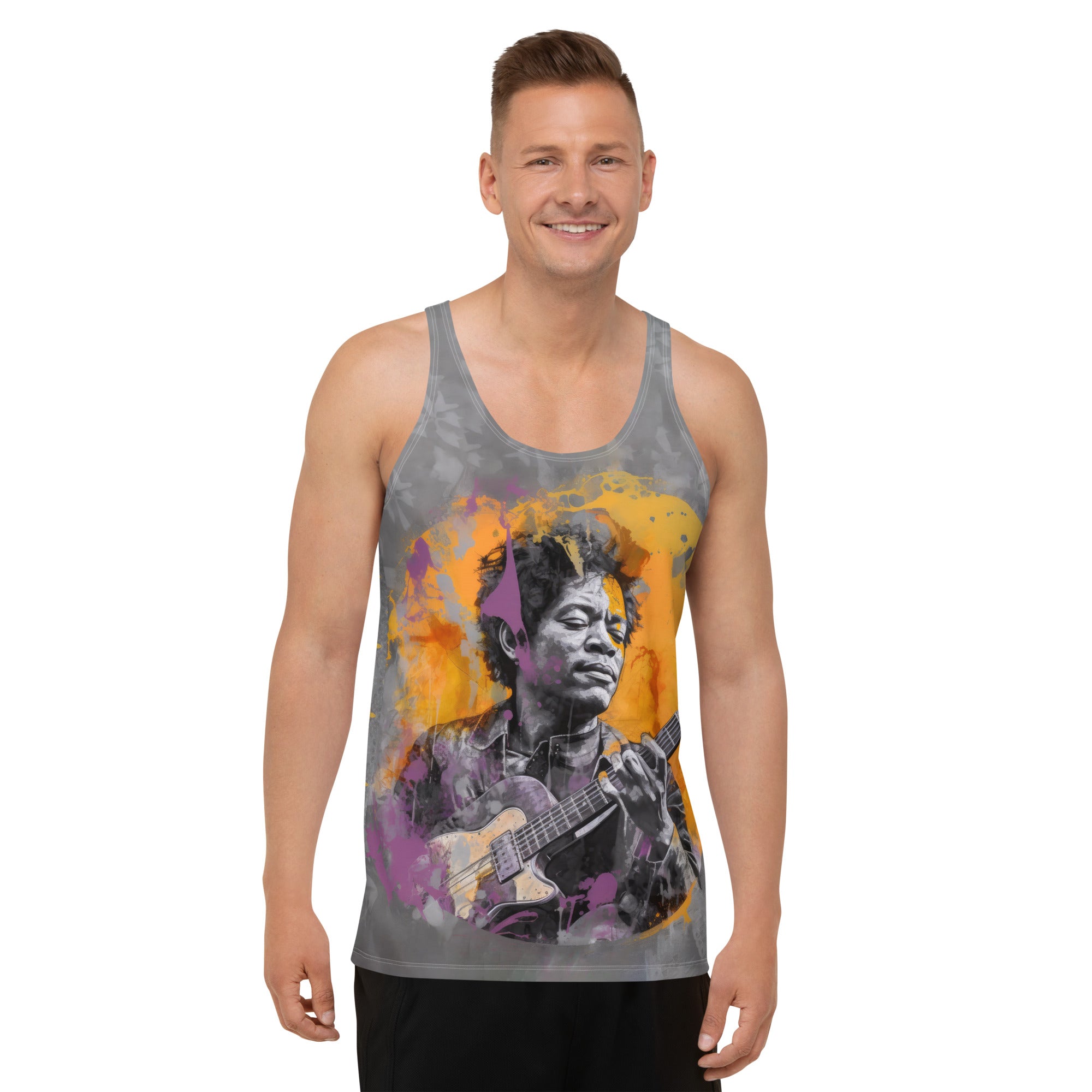 Man wearing Midnight Stroke Men's Tank Top outdoors.