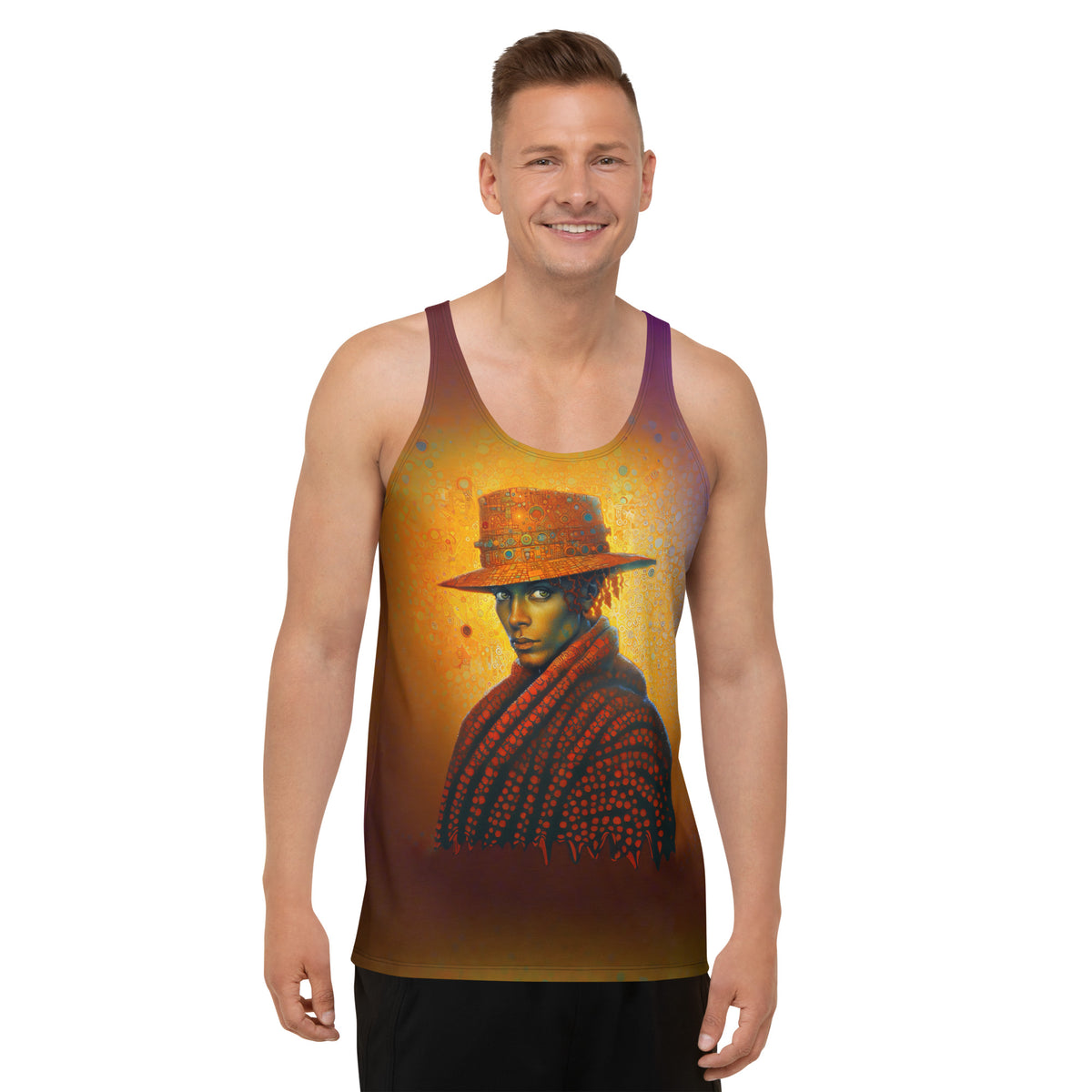 Front view of Enigmatic Essence Men's Tank Top in minimalist abstract design