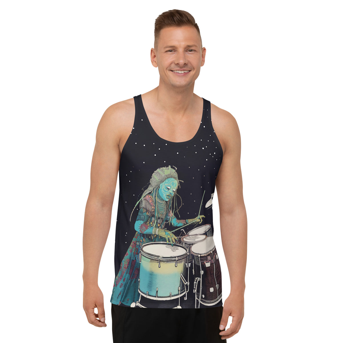 Front view of Harmony Groove Men's Tank Top displayed on a mannequin.