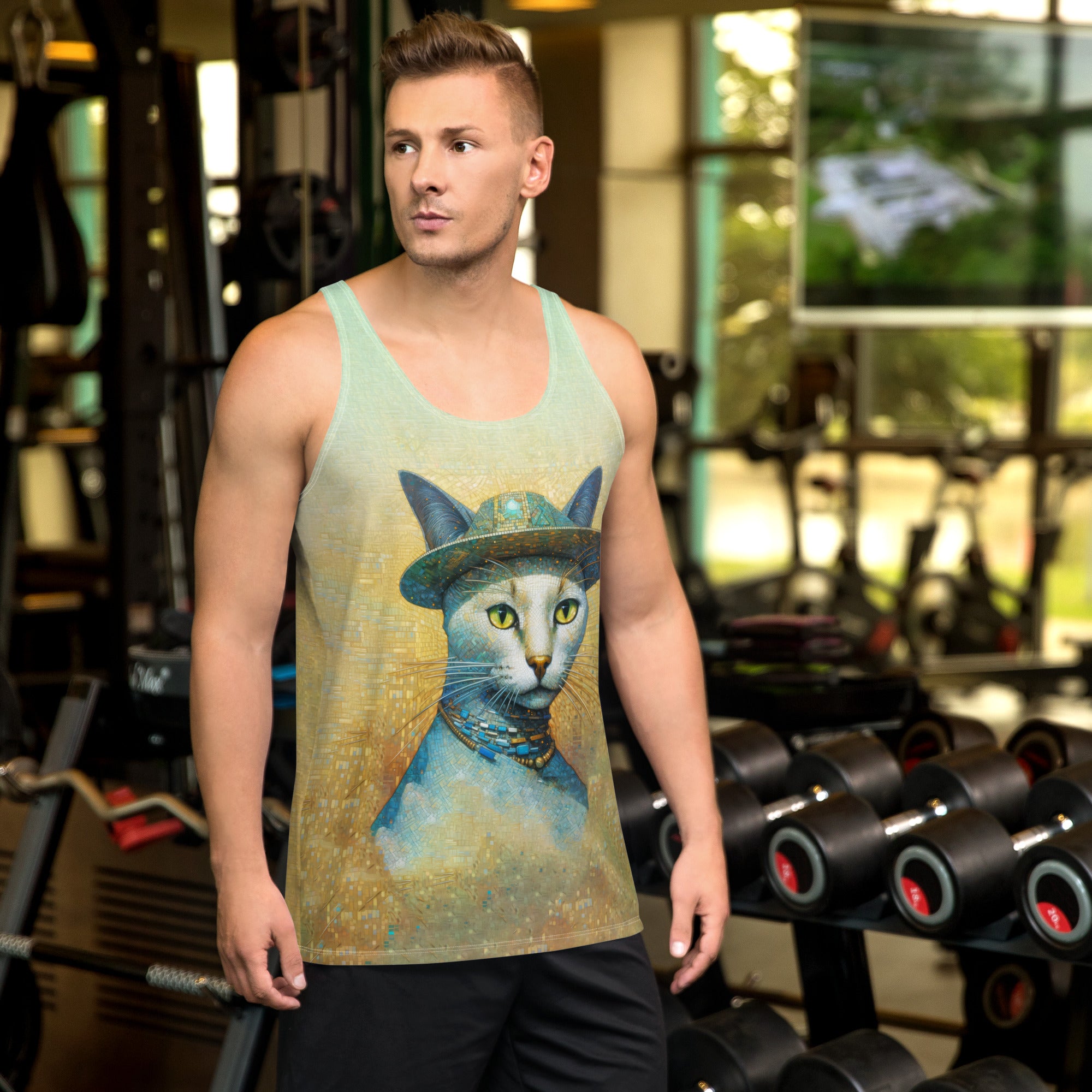 Feline graphic on men's tank top in vibrant colors.