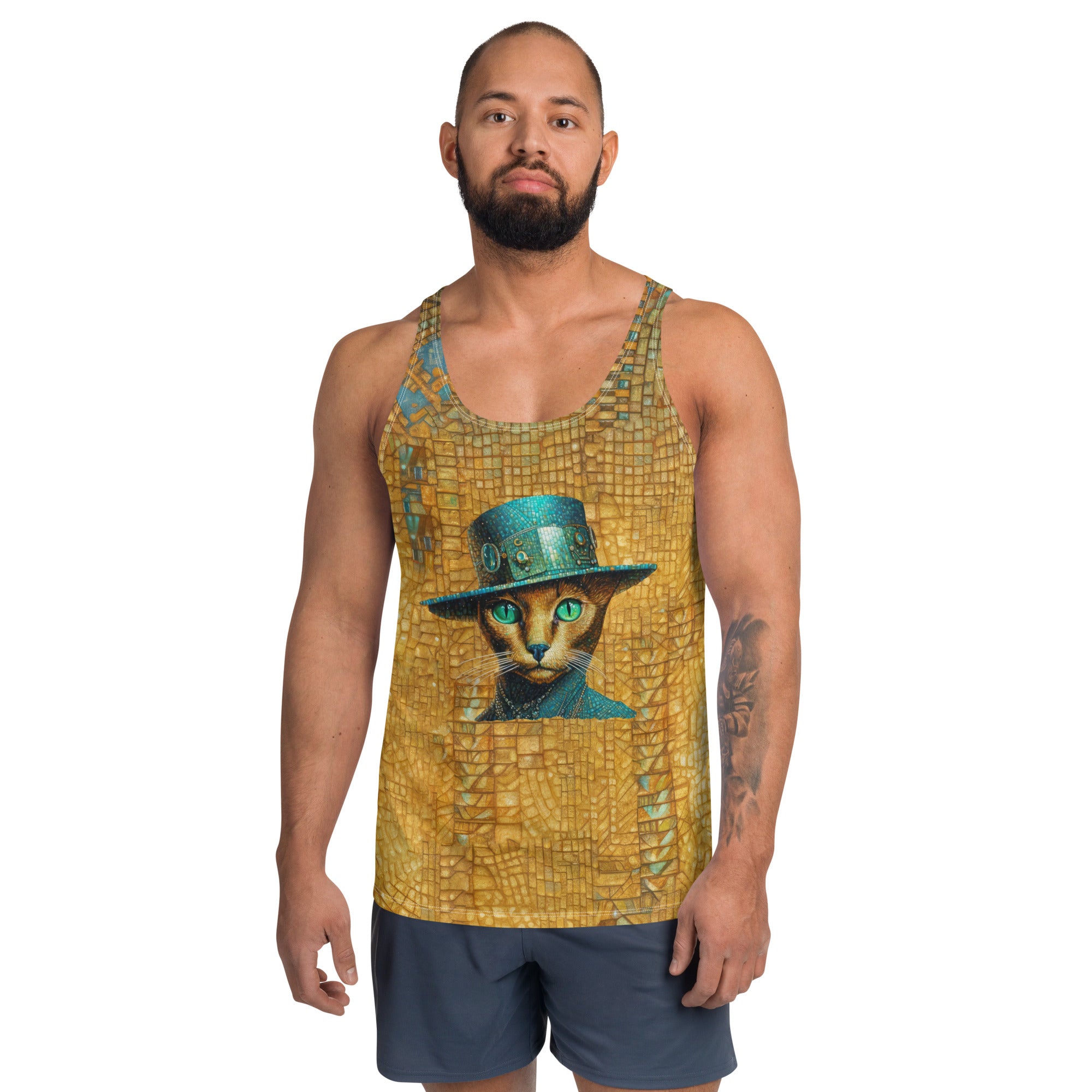 Whisker Wonderland themed men's tank top with cat design.