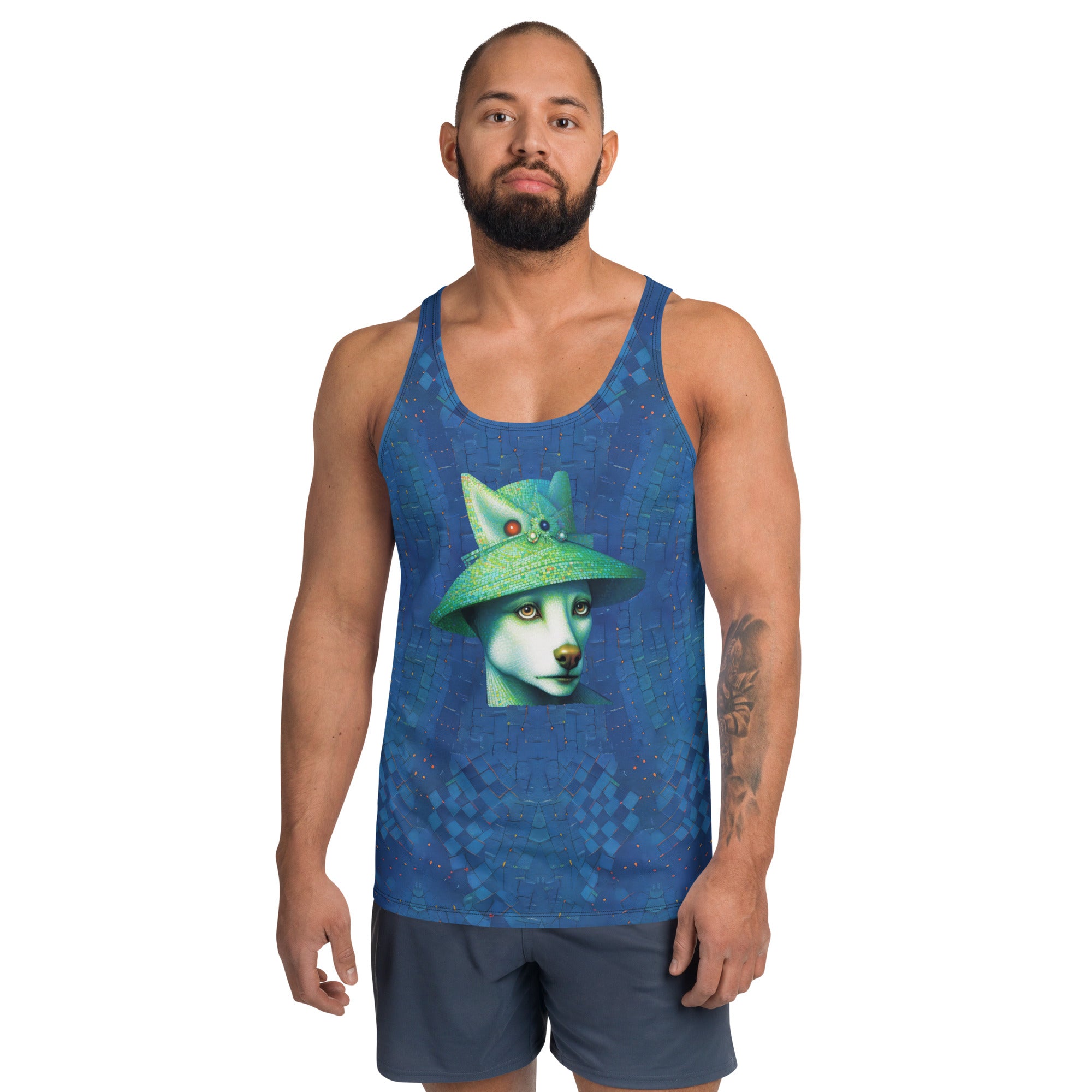 Men's tank top featuring loyal companion dog artwork