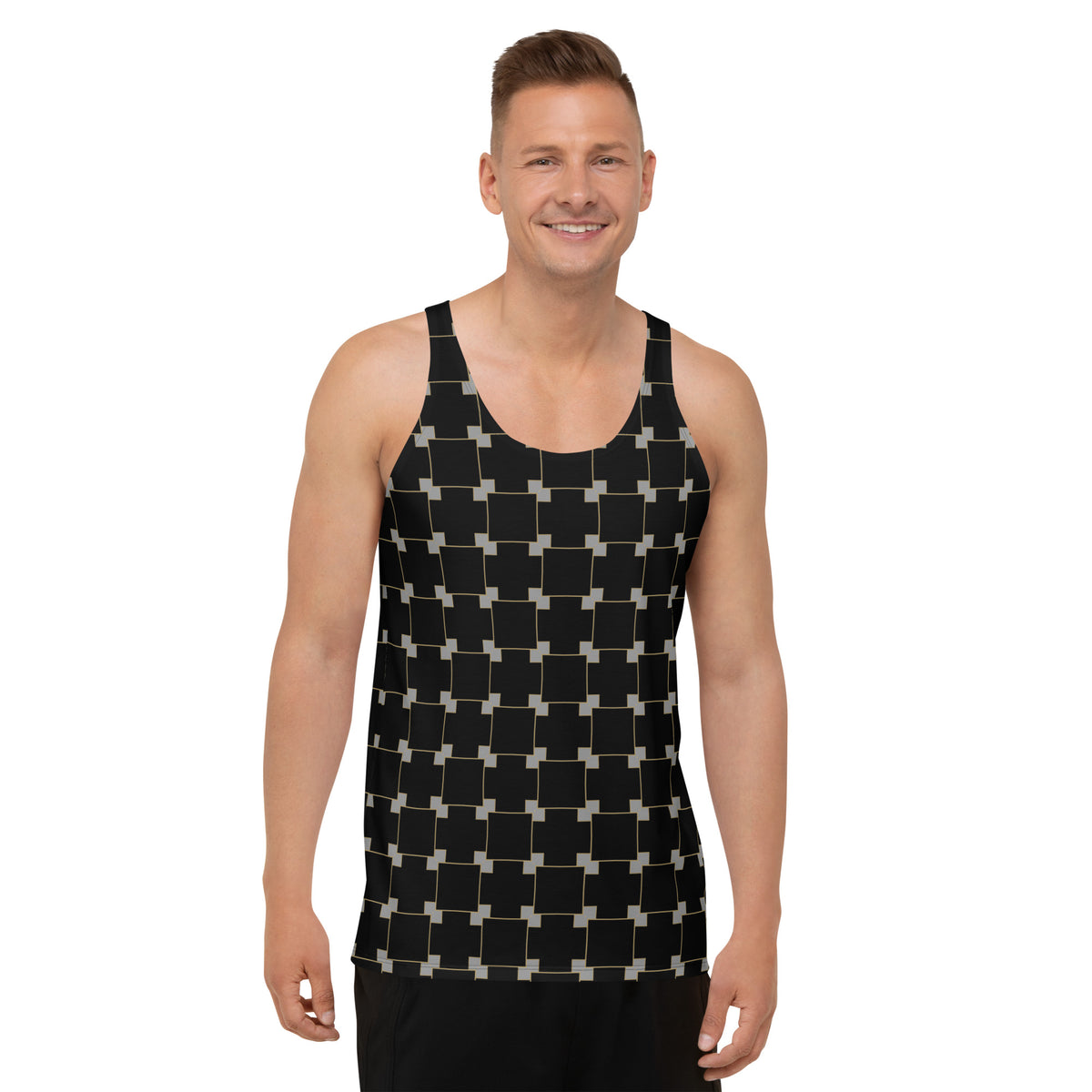 Man wearing Tropical Breeze tank top in a beach setting