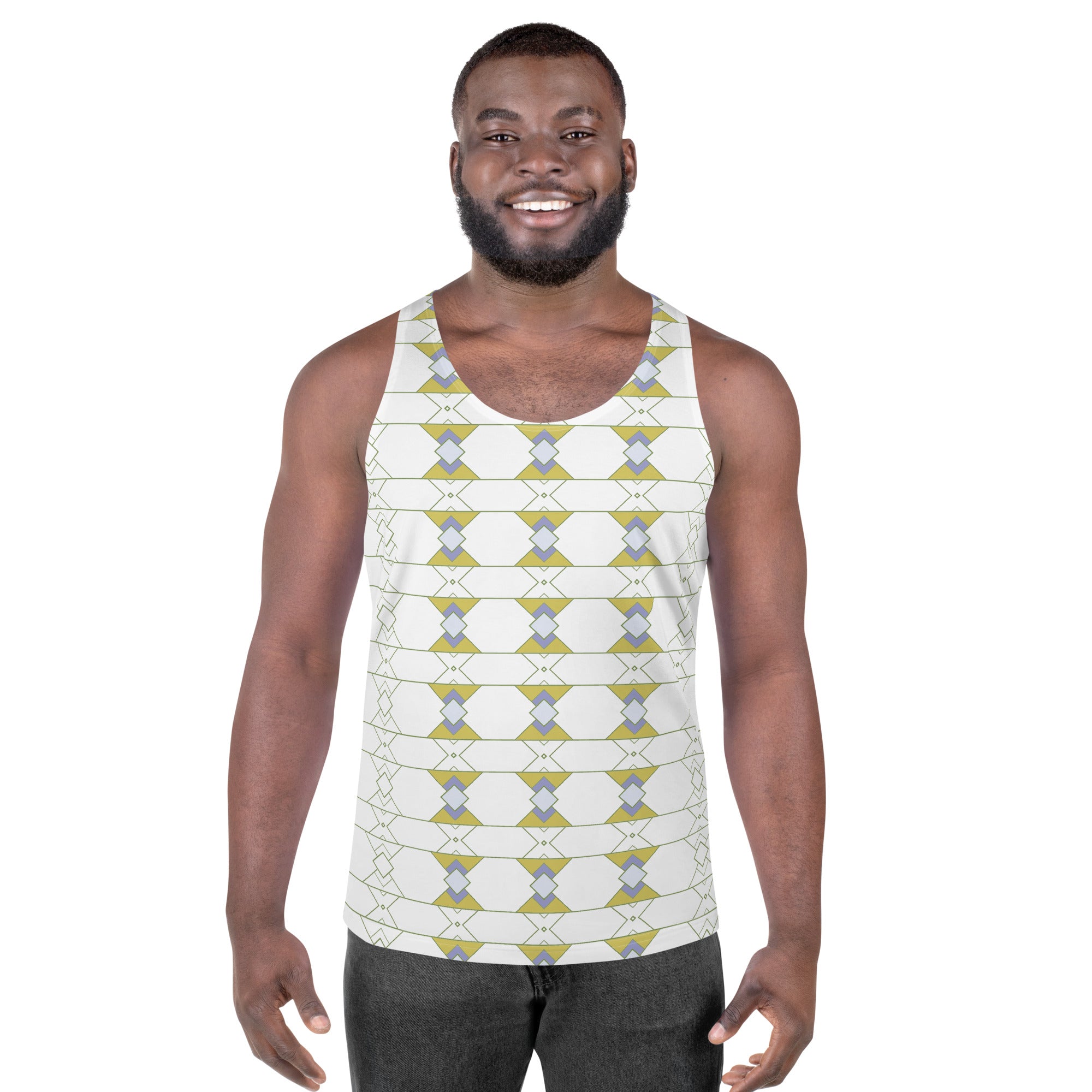 Man wearing Vintage Patterns Men's Tank Top outdoors