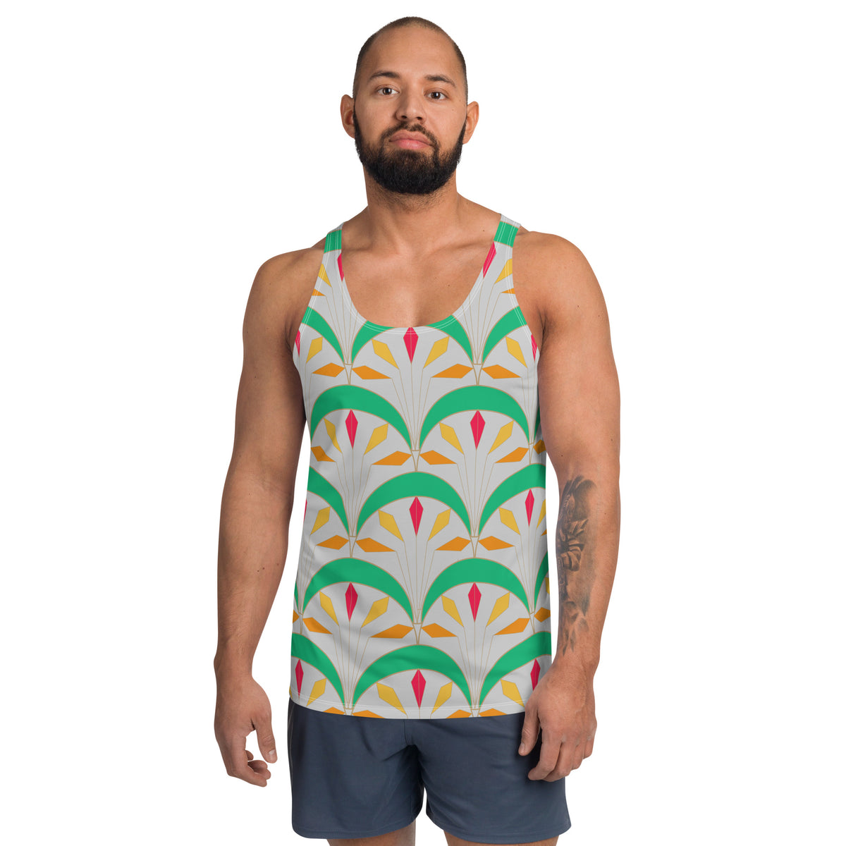 Man wearing Floral Frenzy Men's Tank Top outdoors