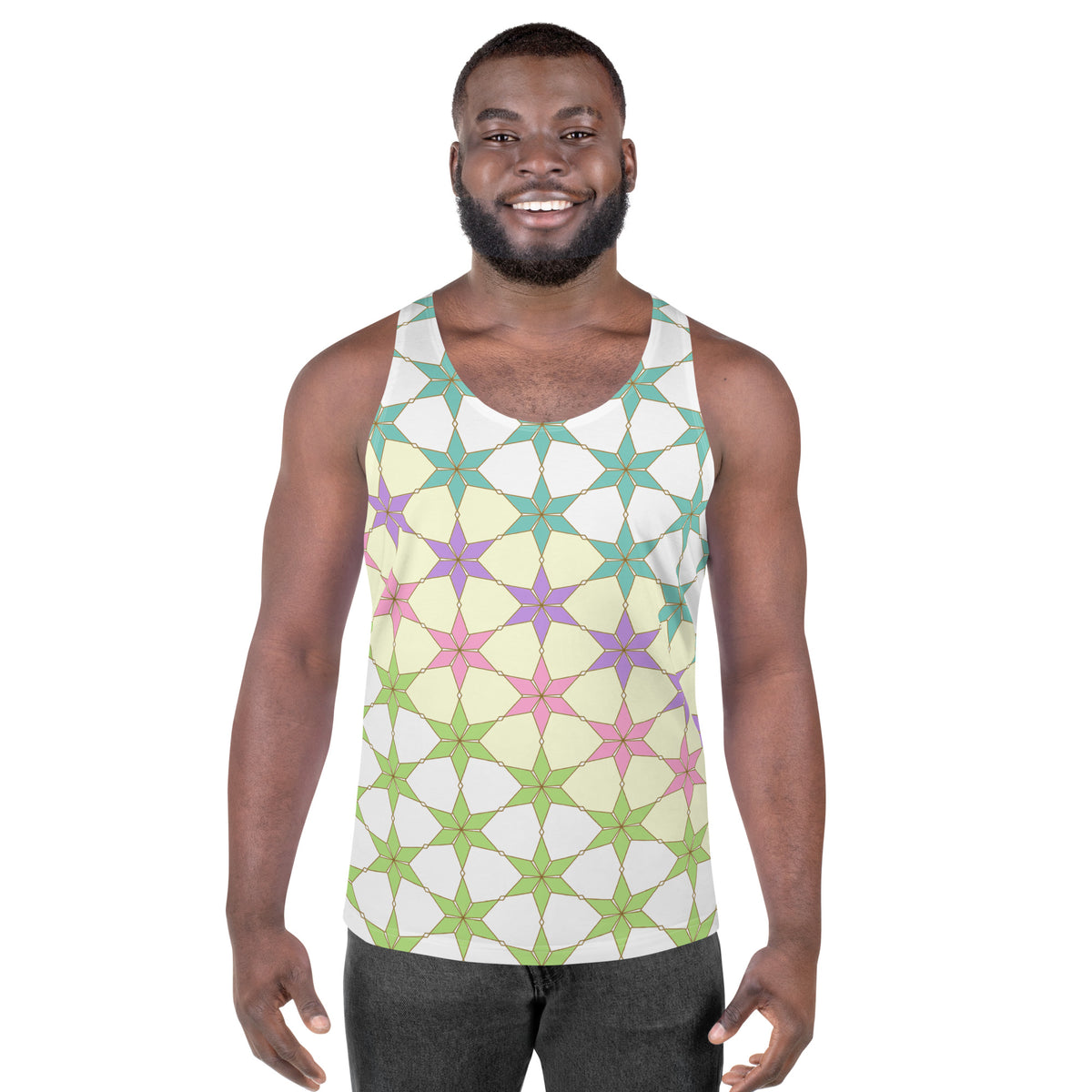 Man wearing Ethereal Dreams Men's Tank Top outdoors