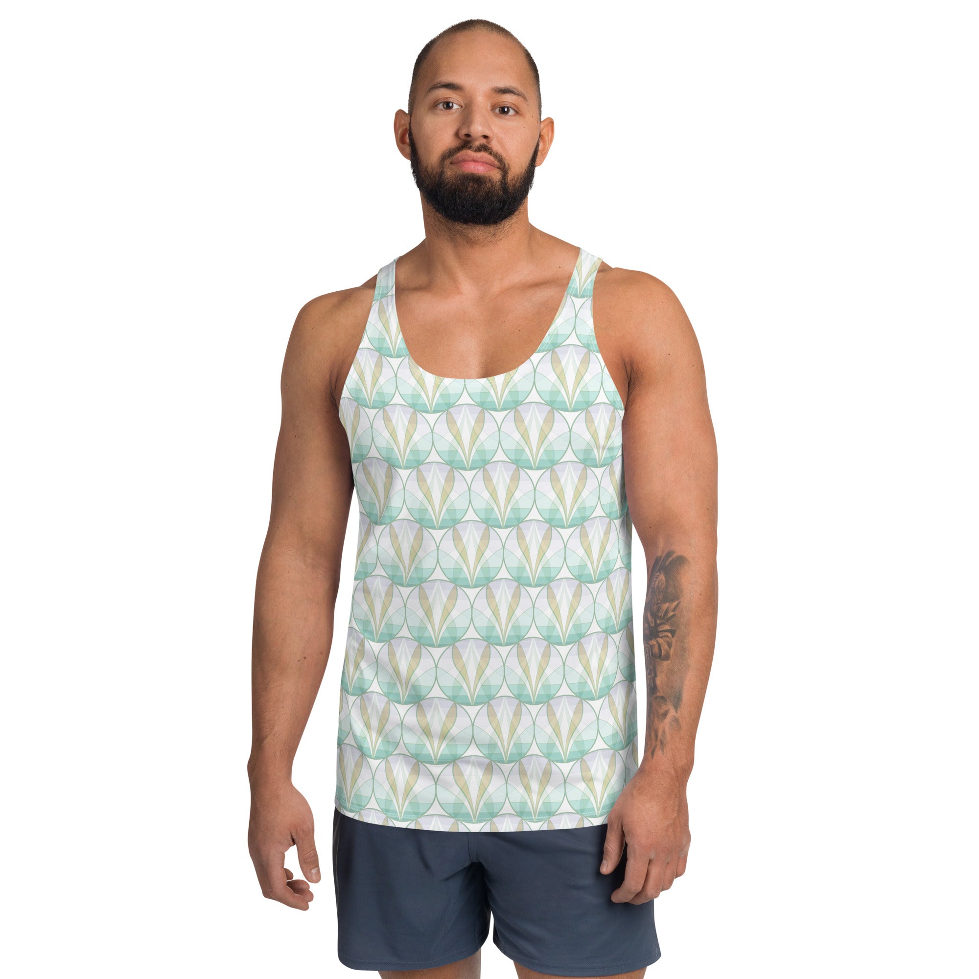 Tropical Sunset Men's Tank Top on a beach setting