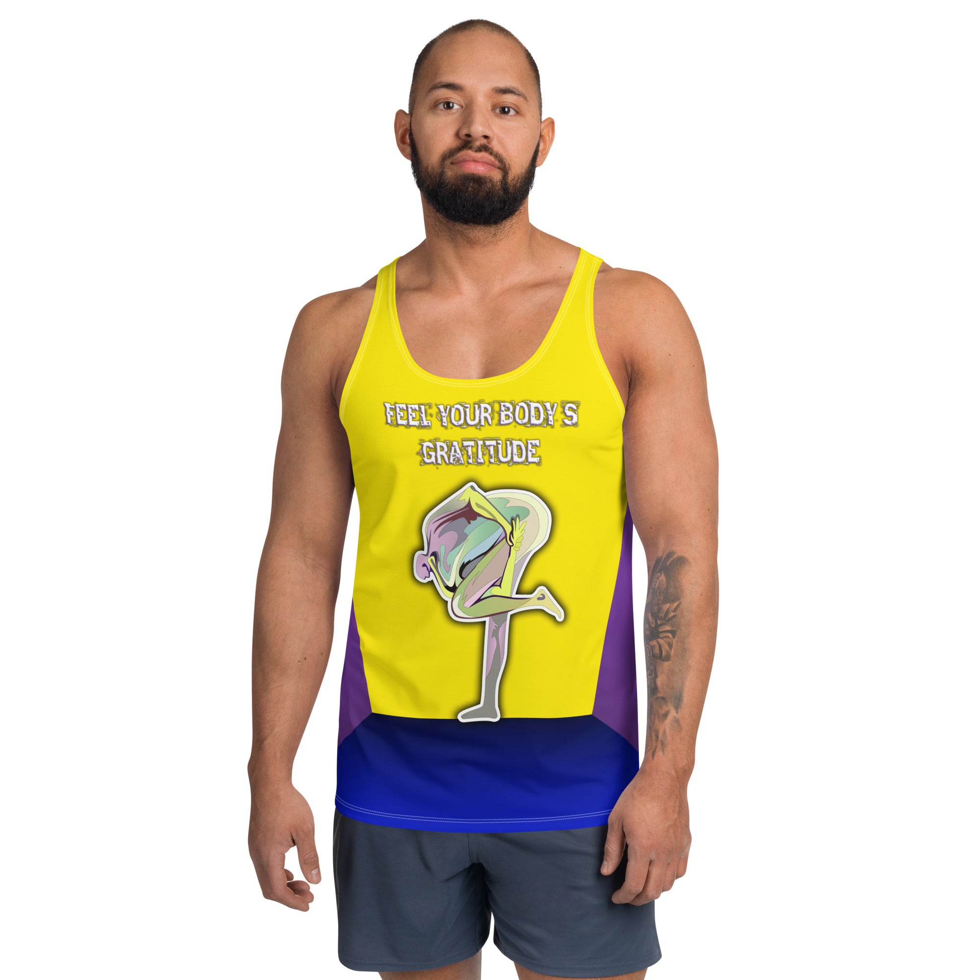 Front view of Karma Cleanse Men's Tank Top in yoga pose.