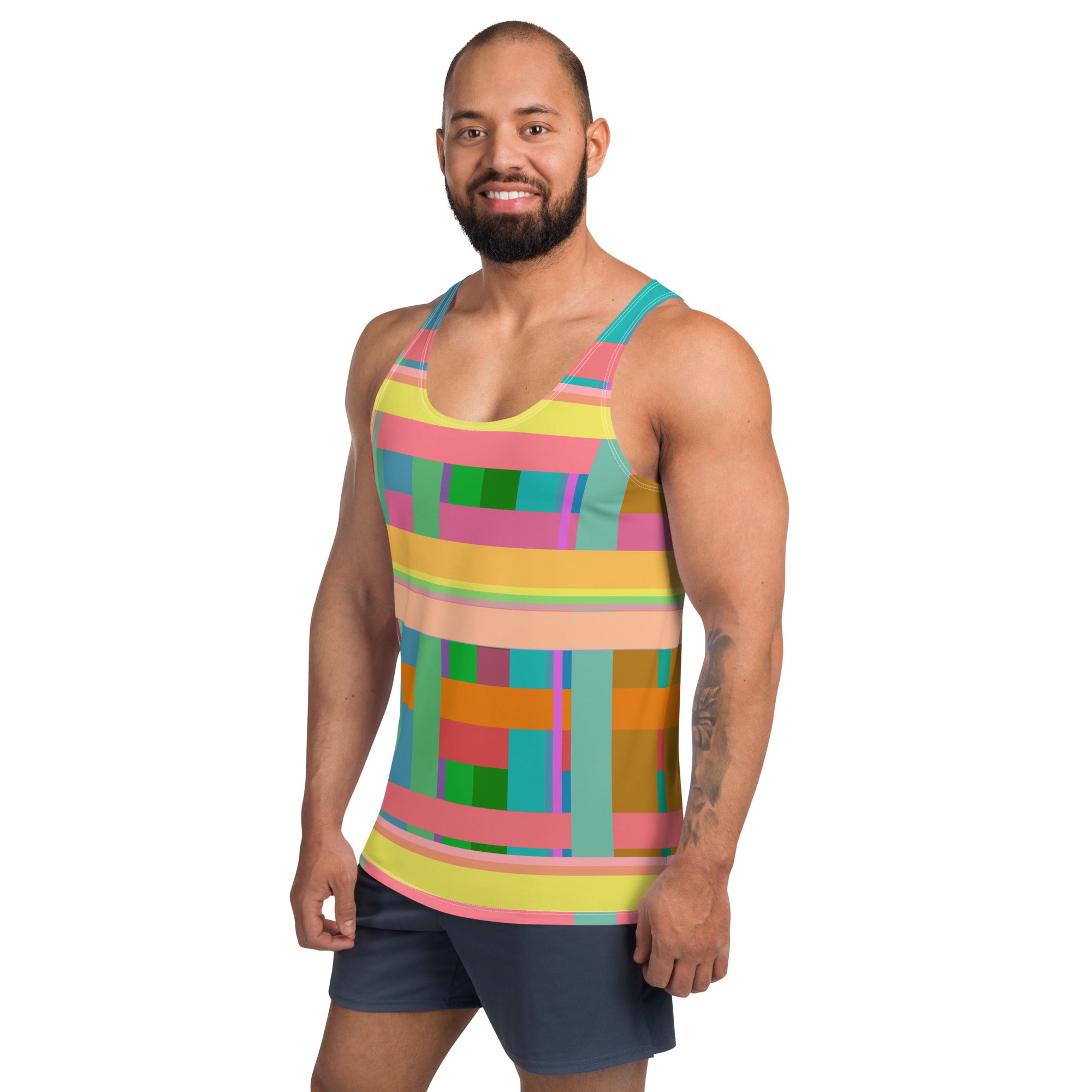 Vibrant Neon Fusion Men's Tank Top, featuring a bold blend of neon colors for a standout summer style.