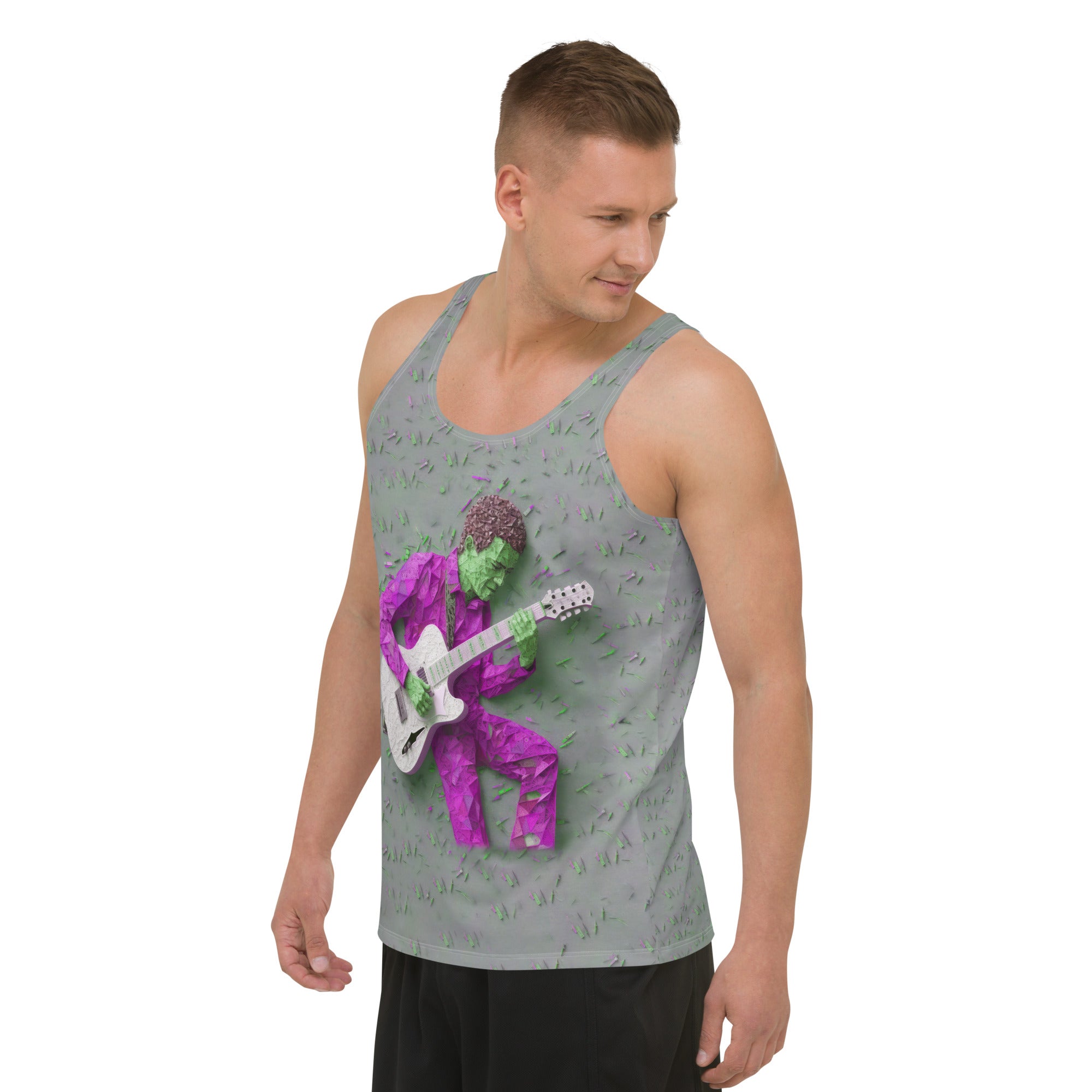 Model wearing Ambient Chill Men's Tank Top outdoors