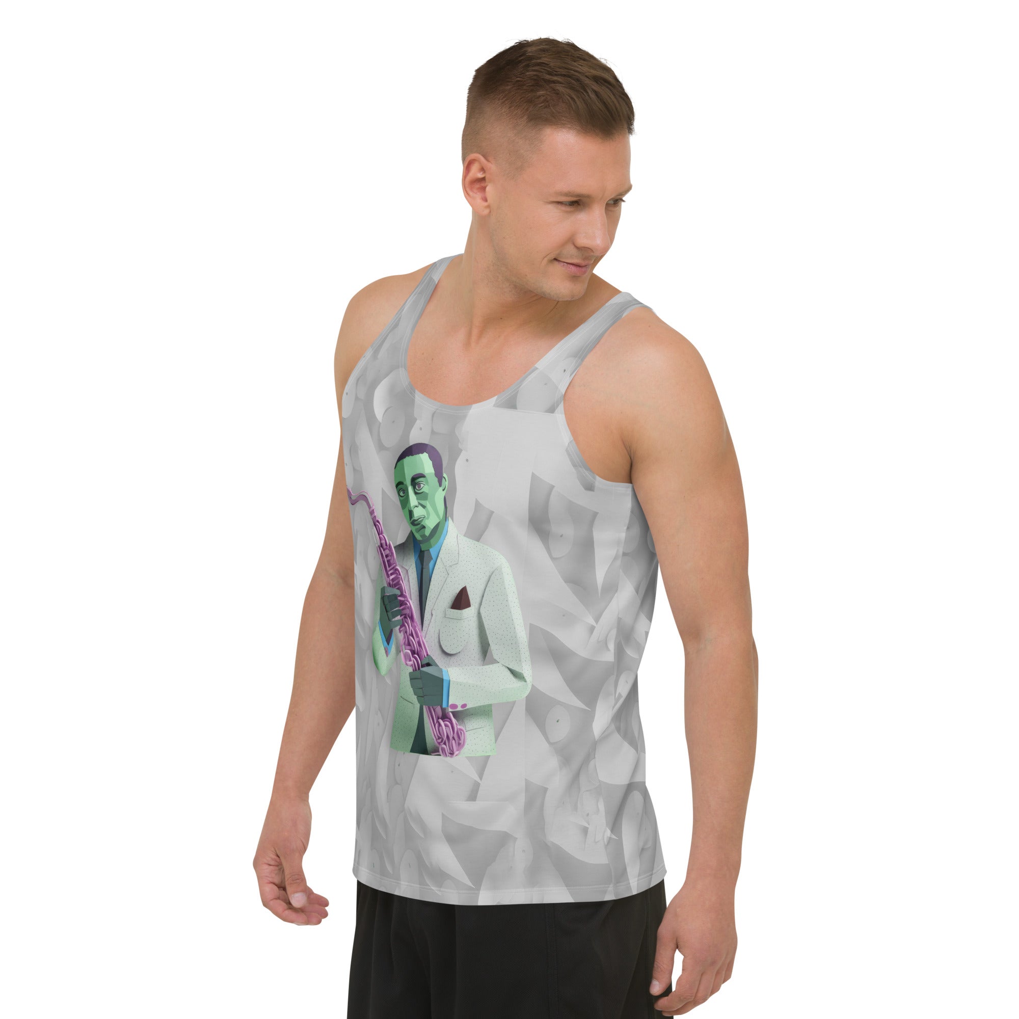 Stylish men's jazz fusion tank top in breathable fabric.
