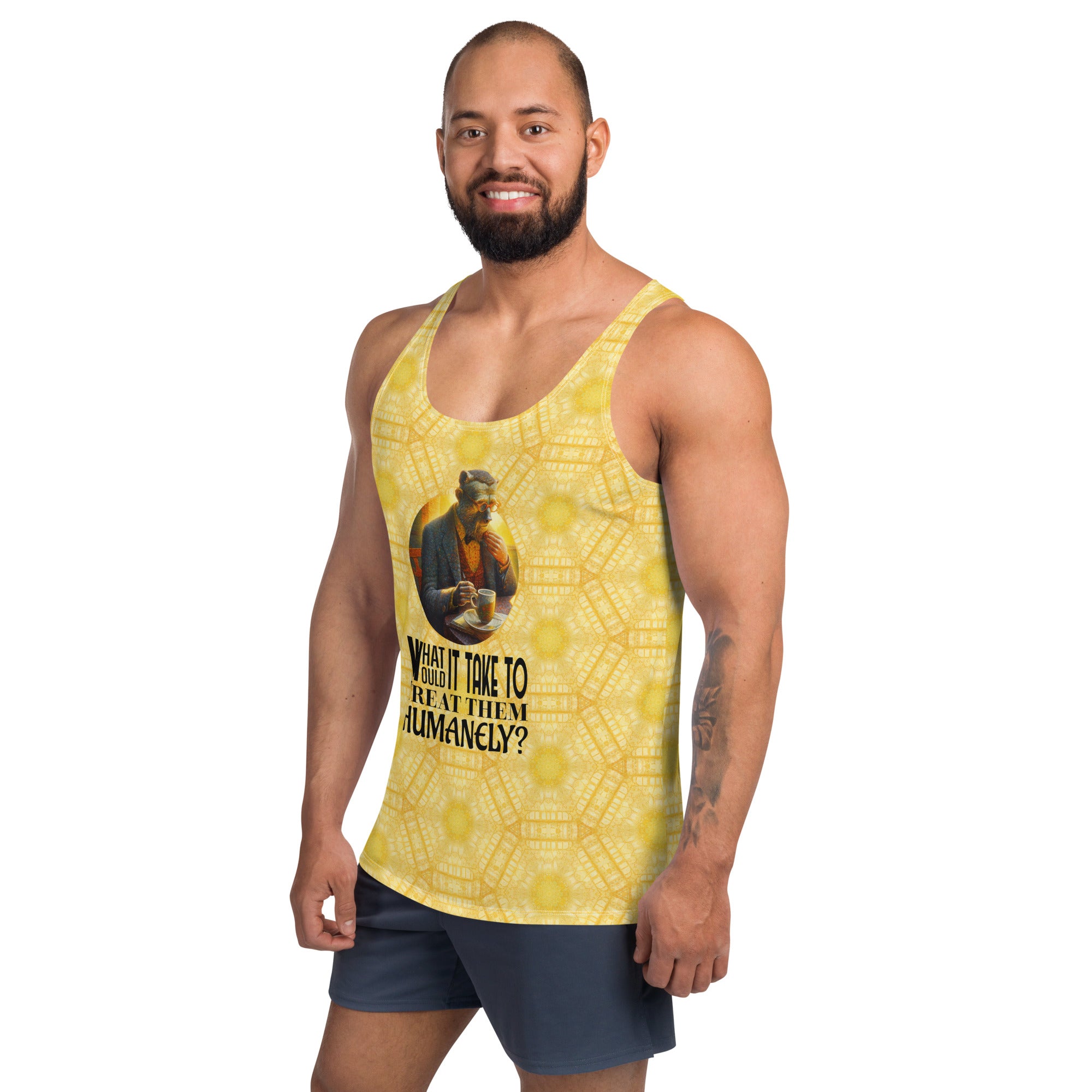 Model wearing tribal elephant themed tank top for men