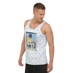 Back view of Serene Crane Men's Tank Top showcasing fabric quality.