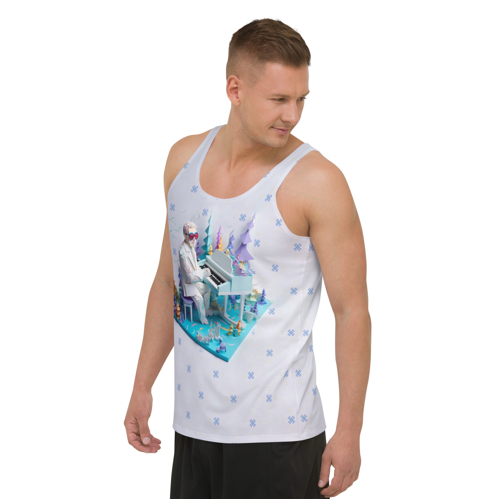 Stylish men's tank top with unique galactic paper artwork.