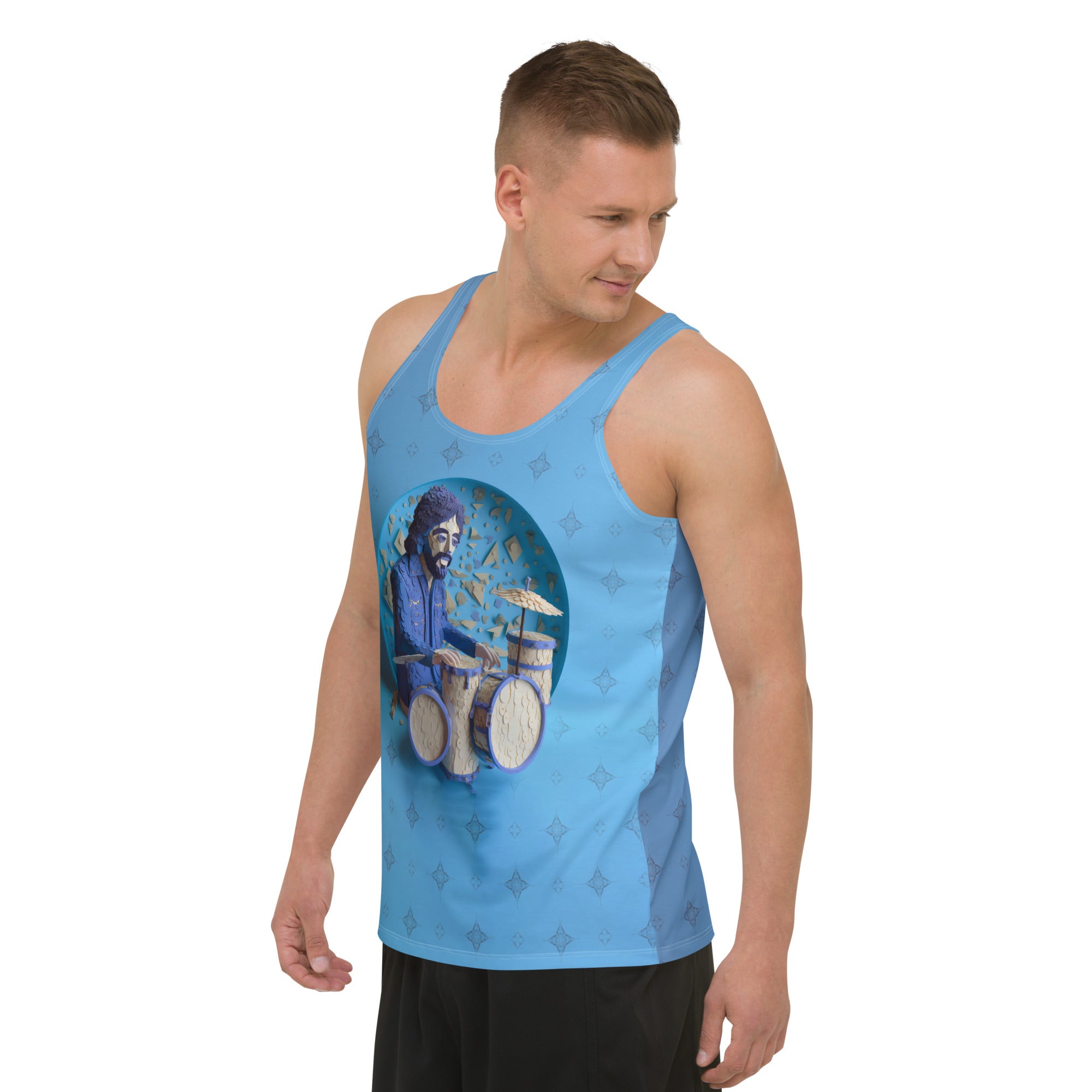 Man wearing Celestial Crane printed Tank Top for casual style.