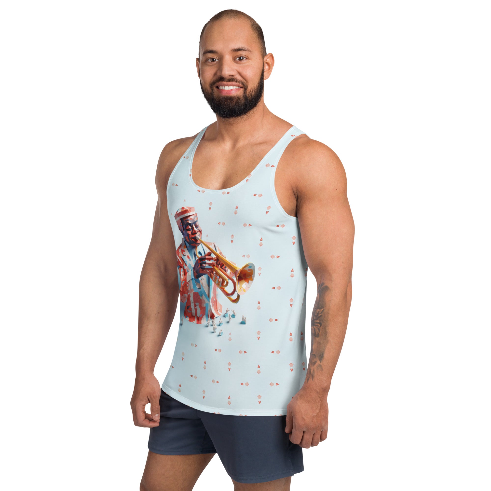 Man wearing Mythical Guardians fantasy tank top outdoors.