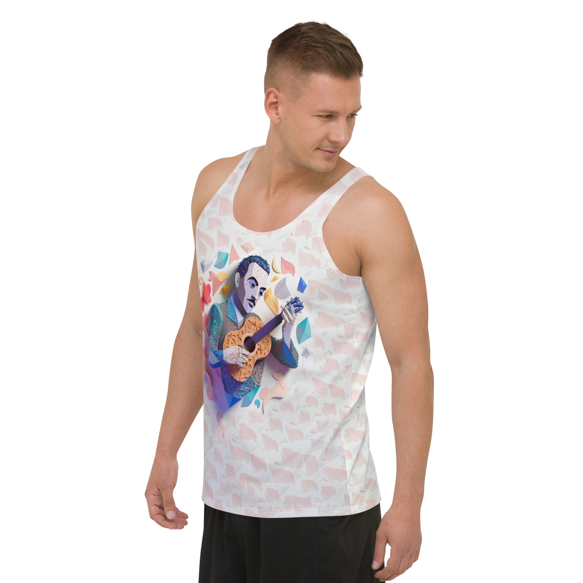 Man wearing Symphony of Cranes Tank Top showcasing the fit and style.