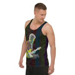 Comic Burst Tank Top on a hanger, showcasing vibrant colors.