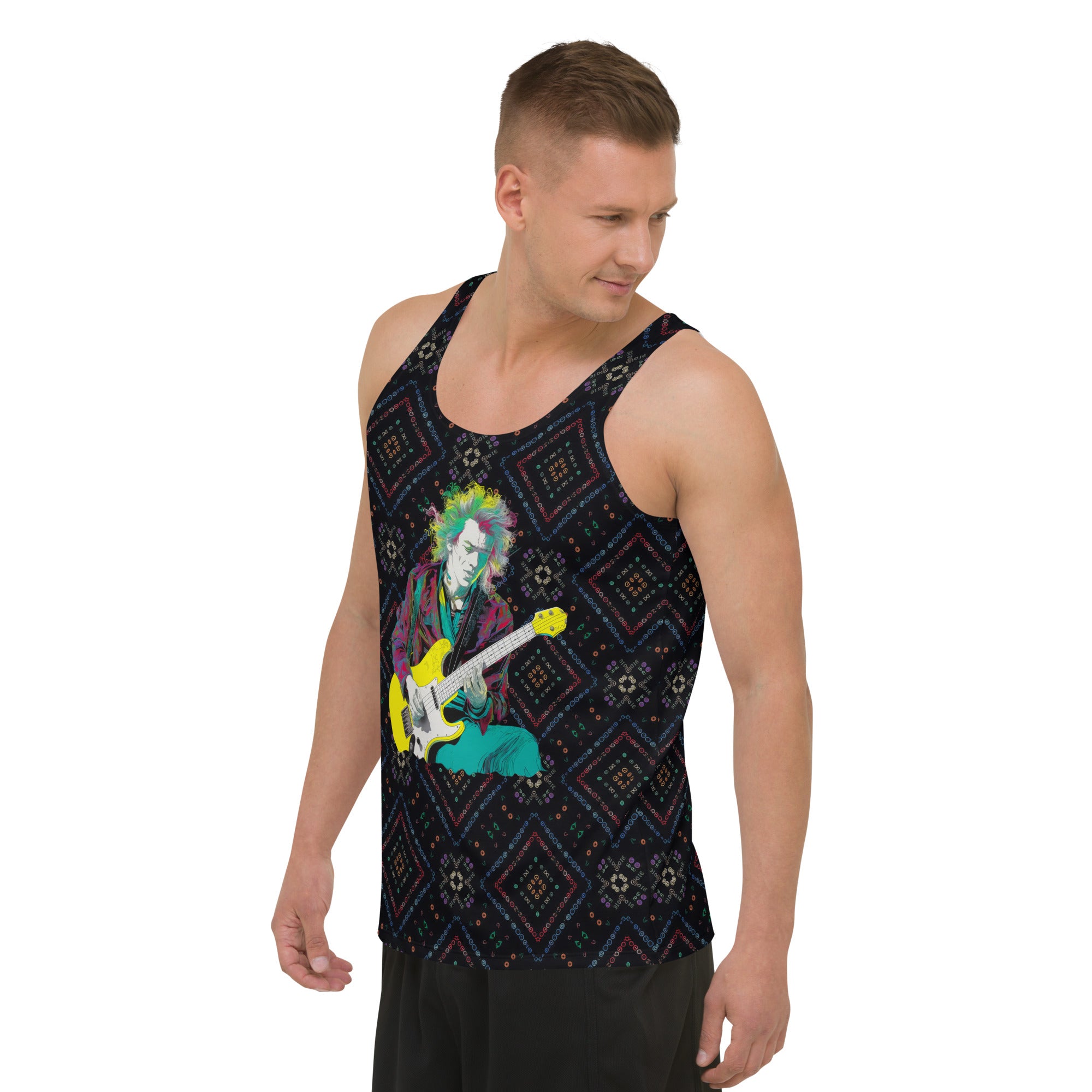 Man wearing pop culture inspired tank top, showcasing the fit and style.