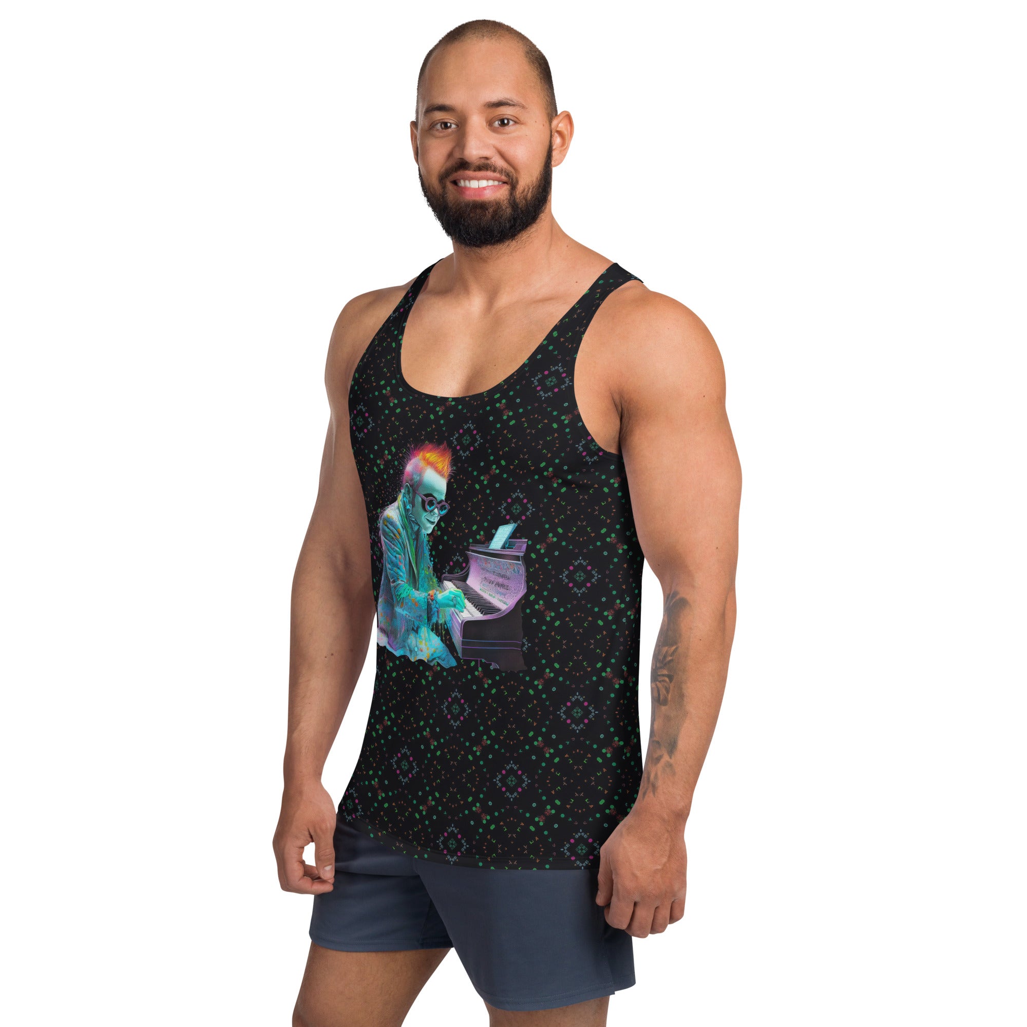 Men's tank top with bold psychedelic patterns - summer festival wear.