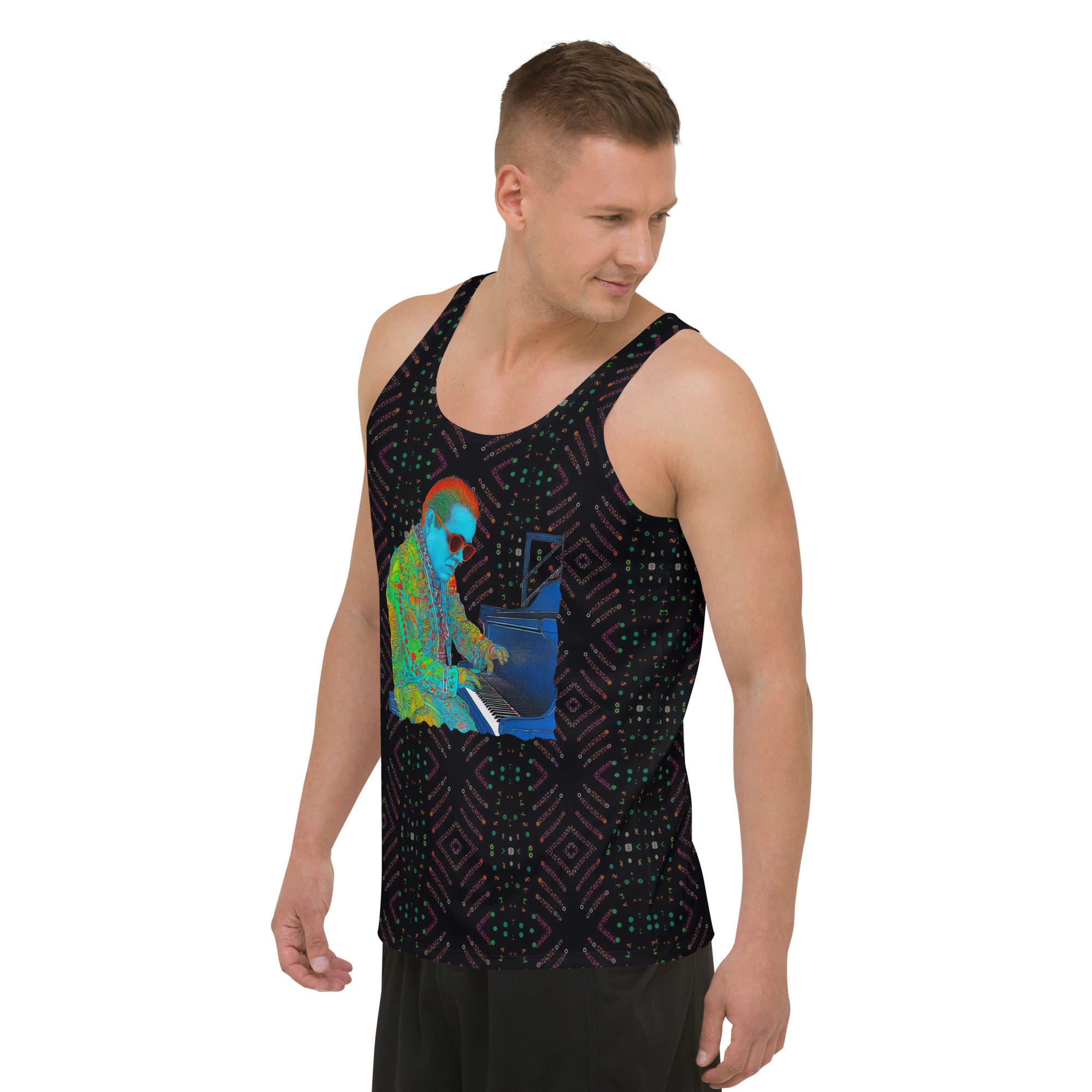 Close-up of the vibrant sketch artwork on men's sleeveless top.
