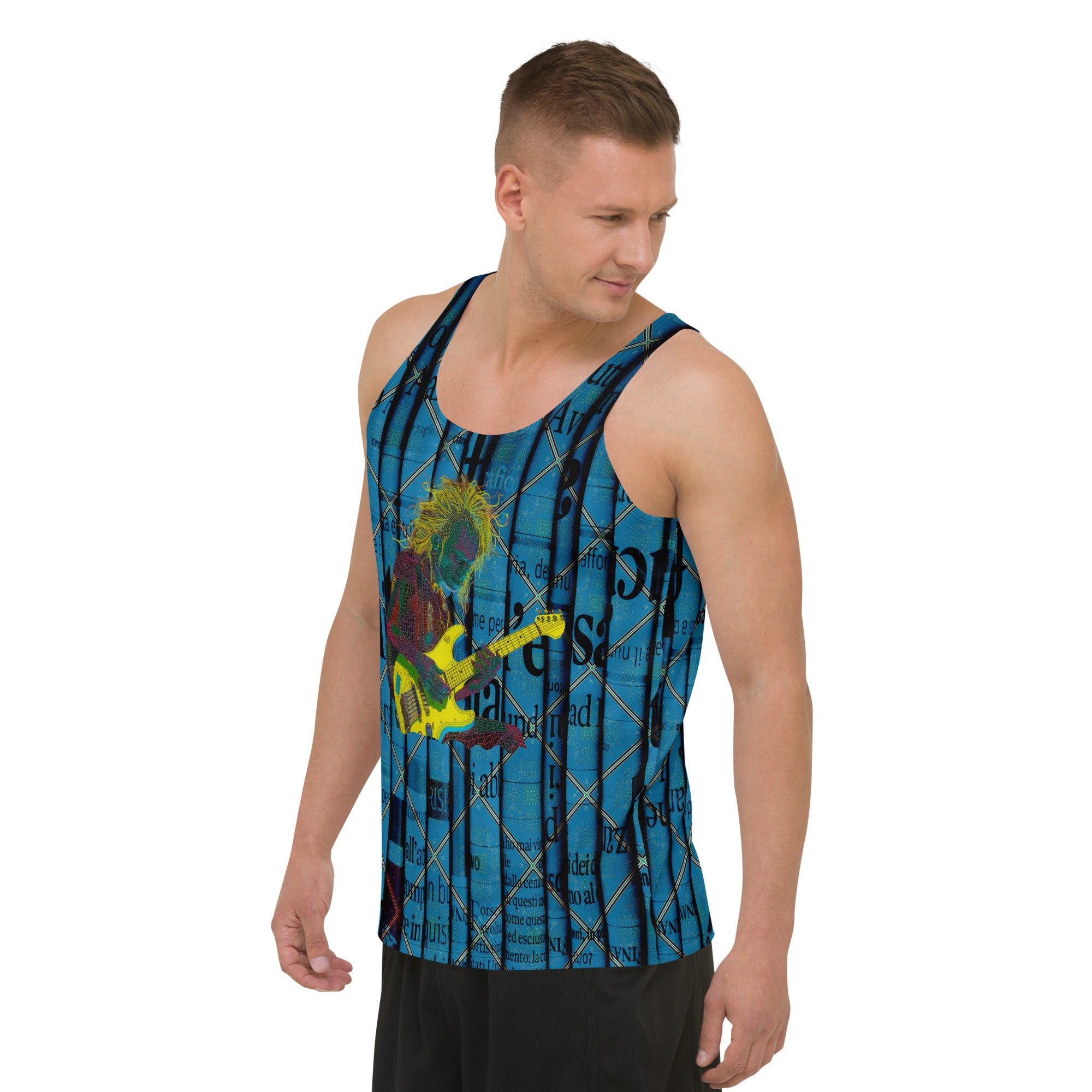 Edgy and colorful neon graffiti tank top for men.