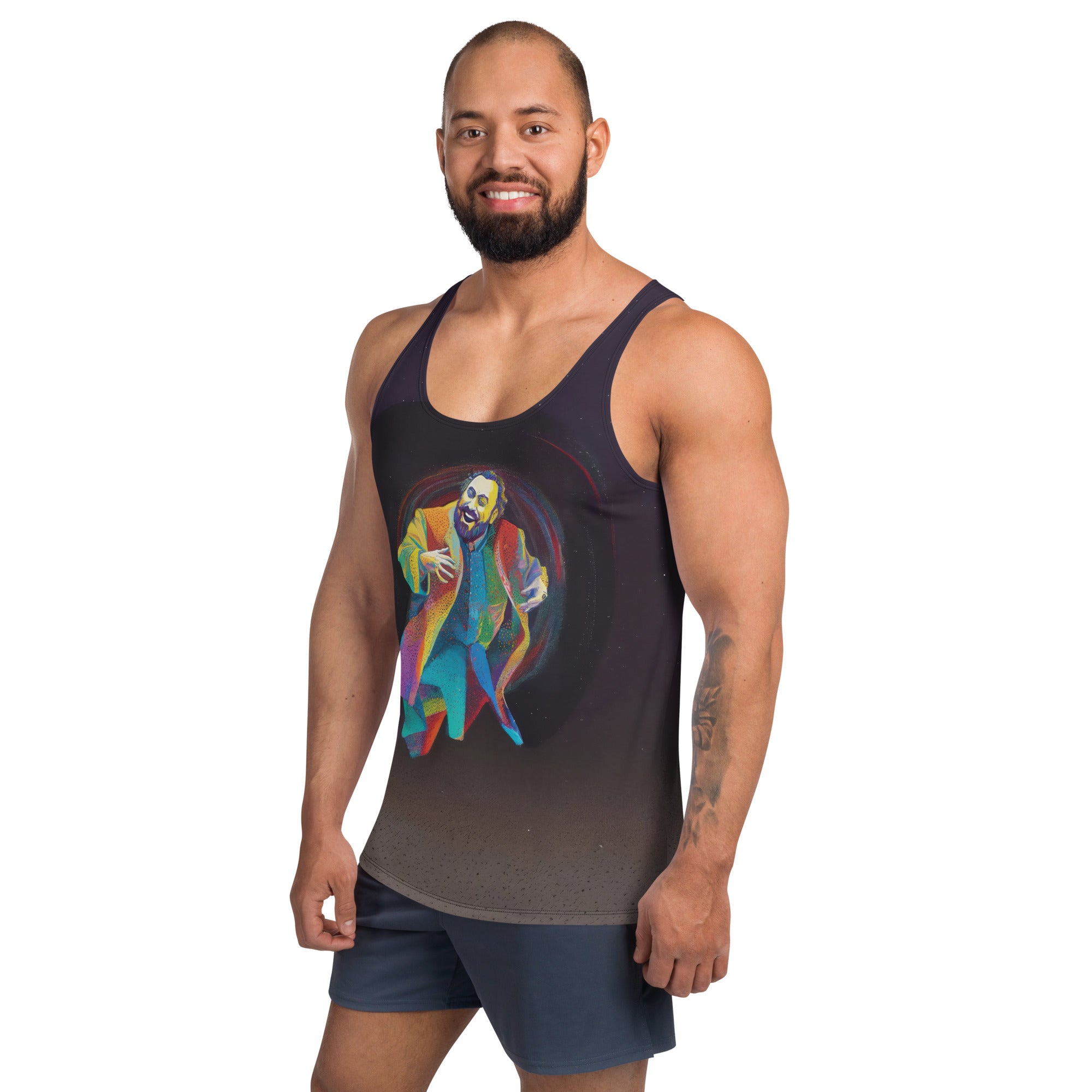 Model wearing the Rainbow Petals Men's Tank Top in a casual setting