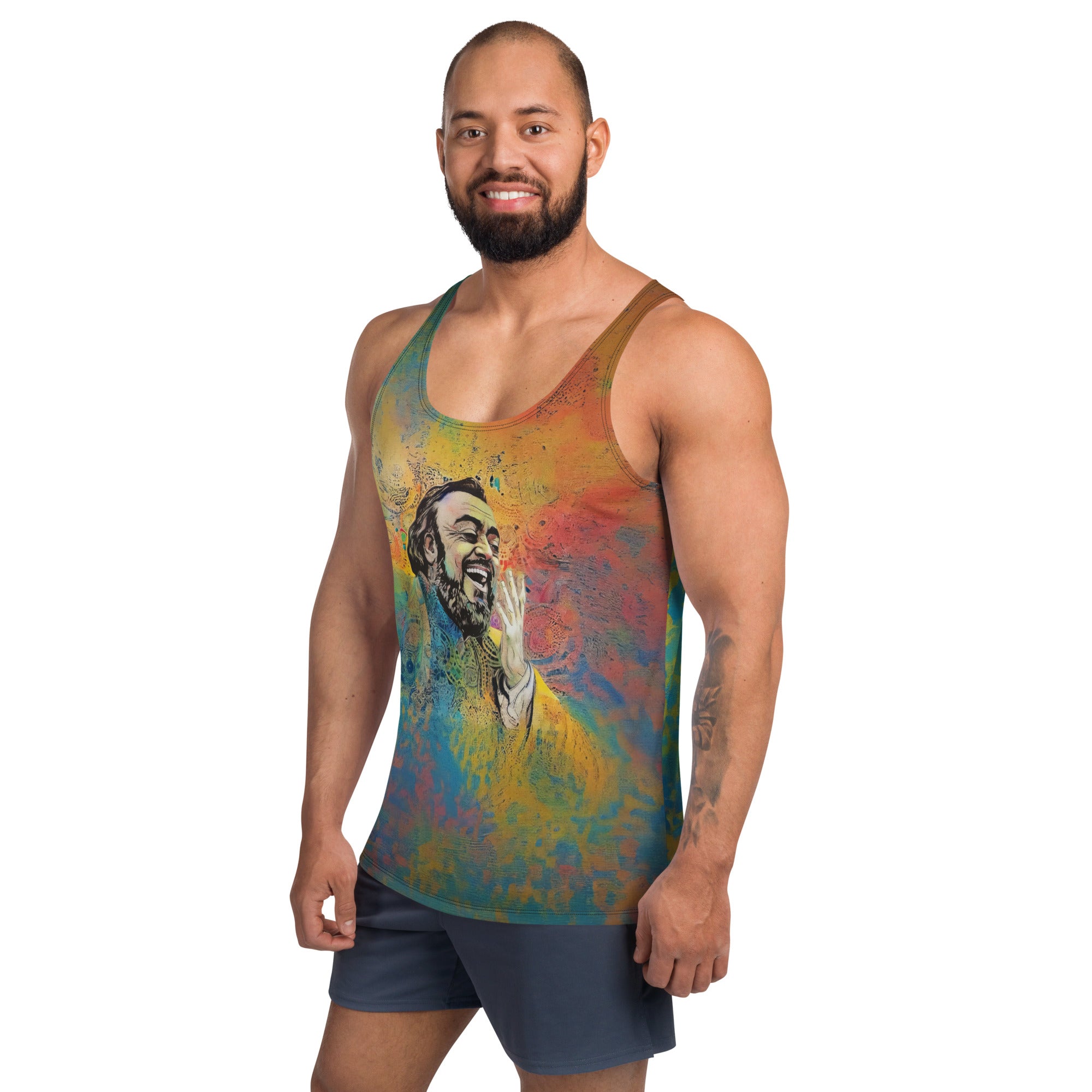 Floral Fantasy Men's Tank Top displayed on a mannequin.