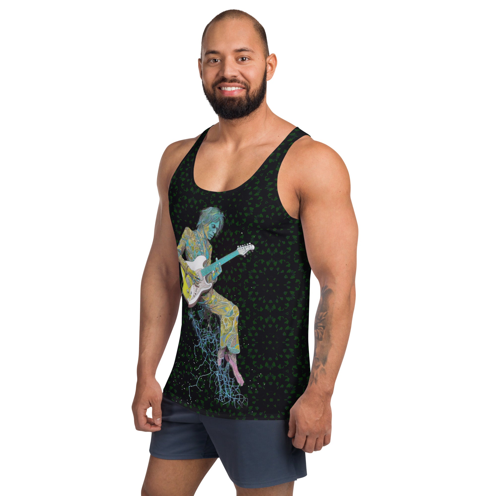 Front view of Meadow Muse Men's Tank Top on a mannequin