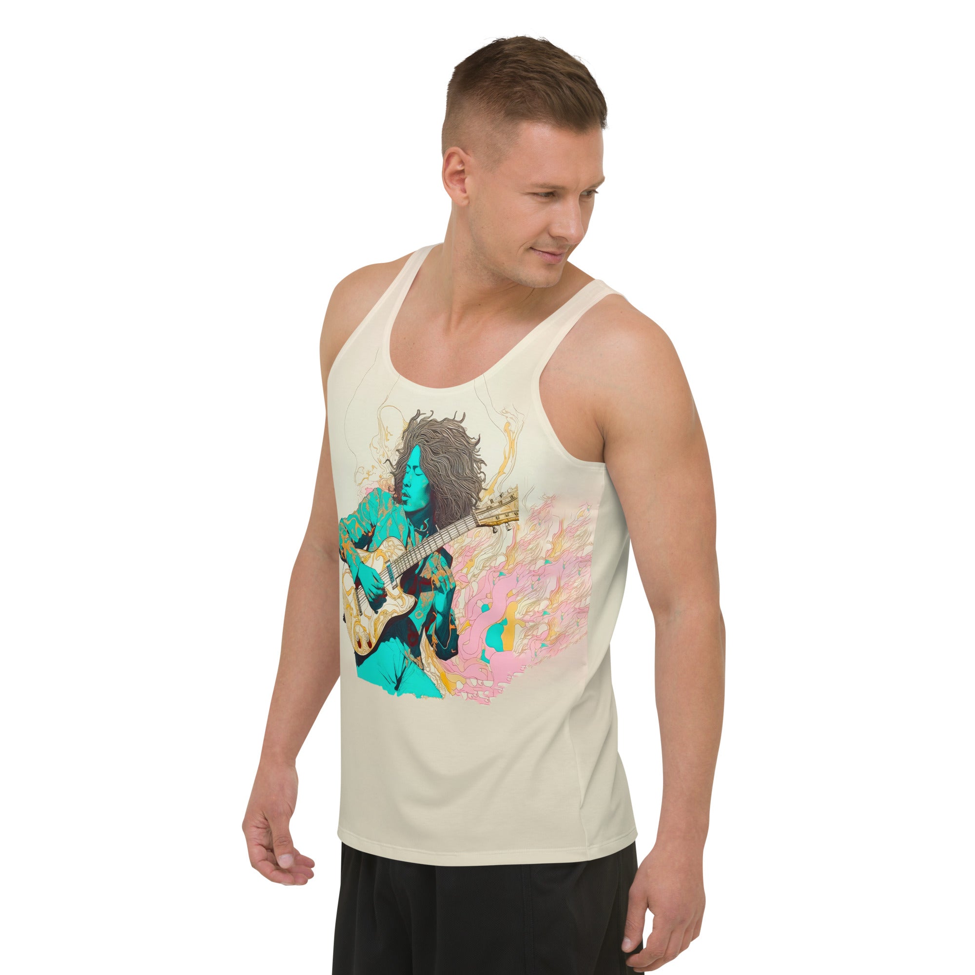 Model wearing Peaceful Petals Men's Tank Top in a casual setting.